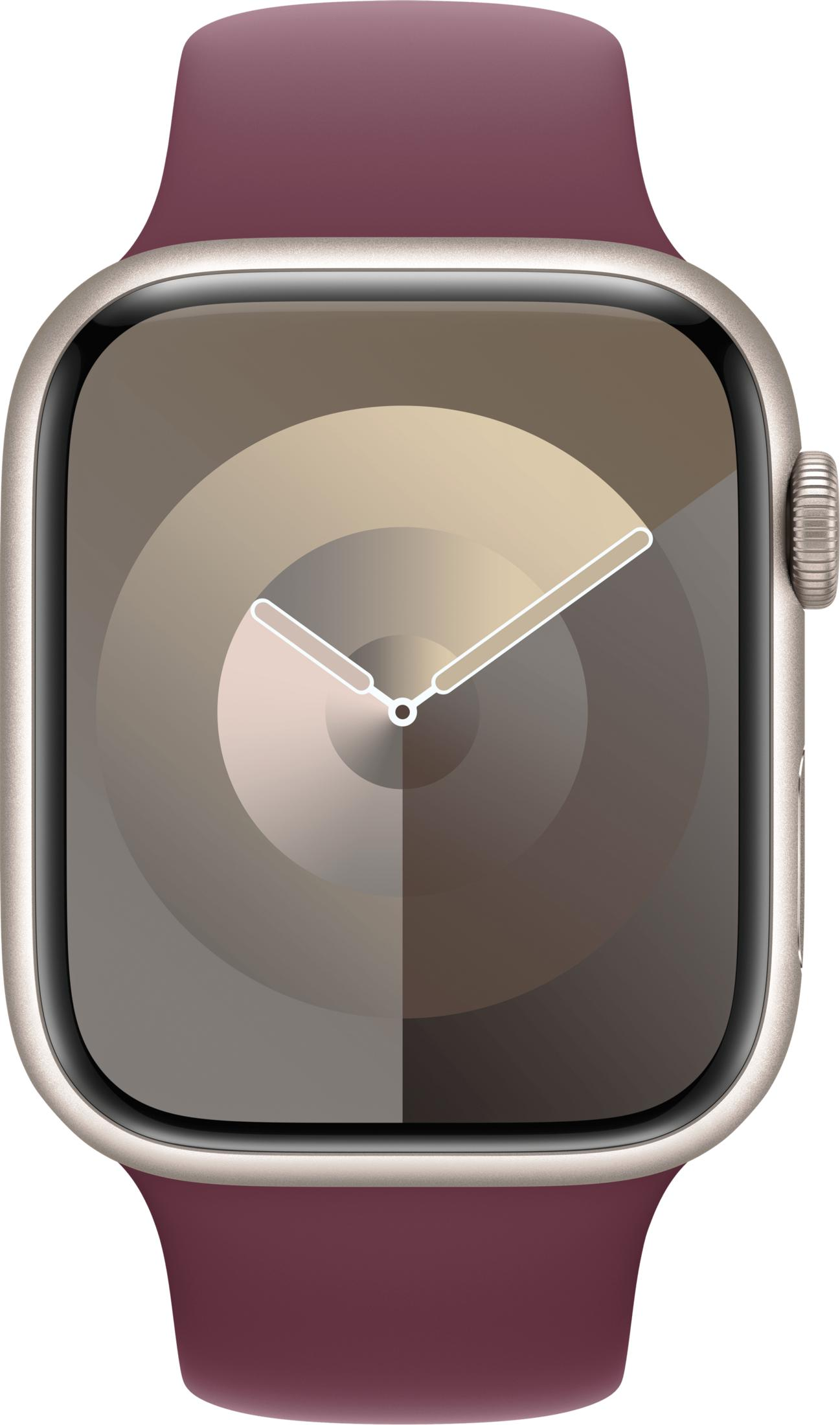 Een zilverkleurig smartwatch met paars bandje toont een abstracte wijzerplaat.
