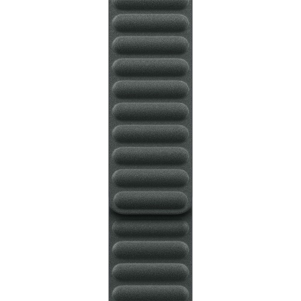 Dark gray watch band with many horizontal cushioned segments.