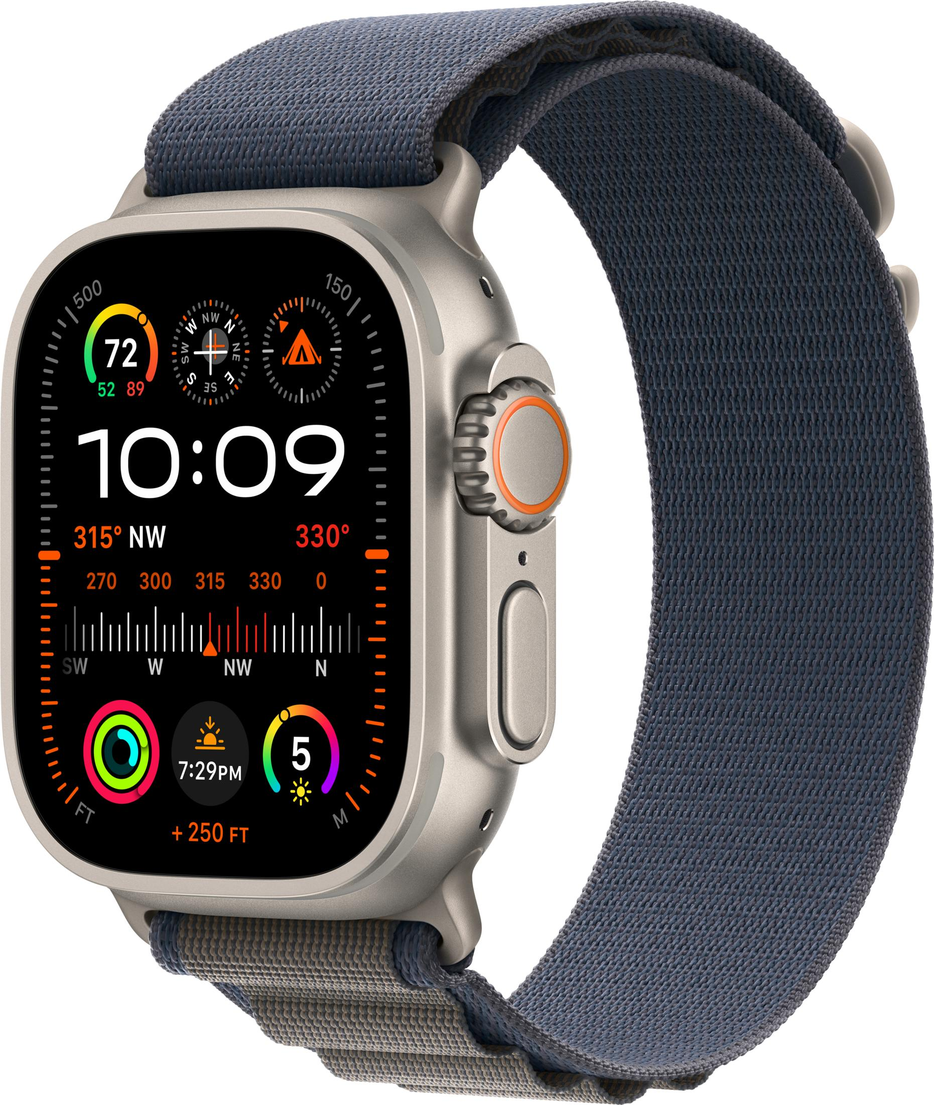Gray smartwatch with blue fabric band and compass display.