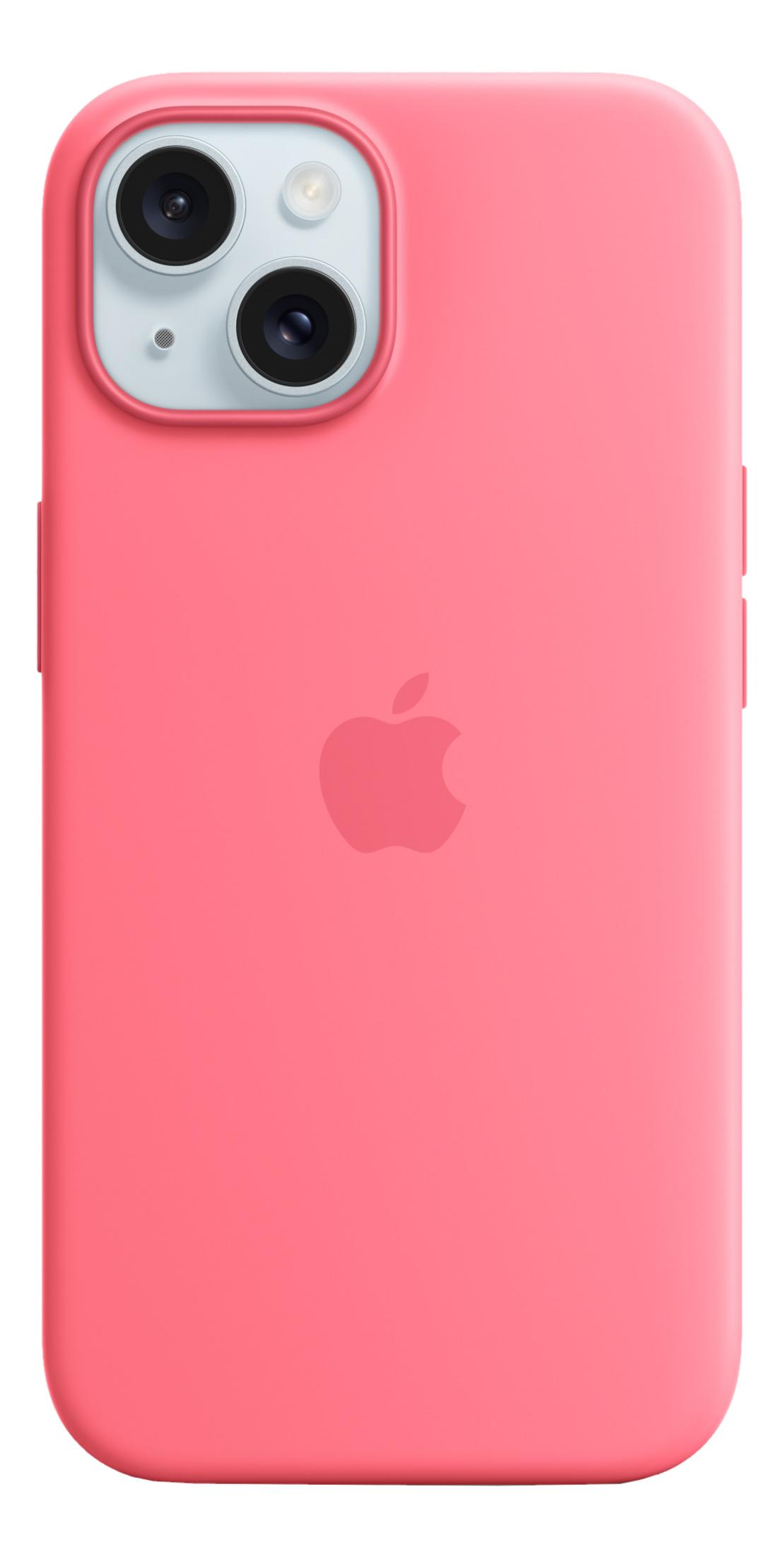 Rückseite einer Korallenfarbenen iPhone-Hülle mit Apple-Logo und Kameramodul.