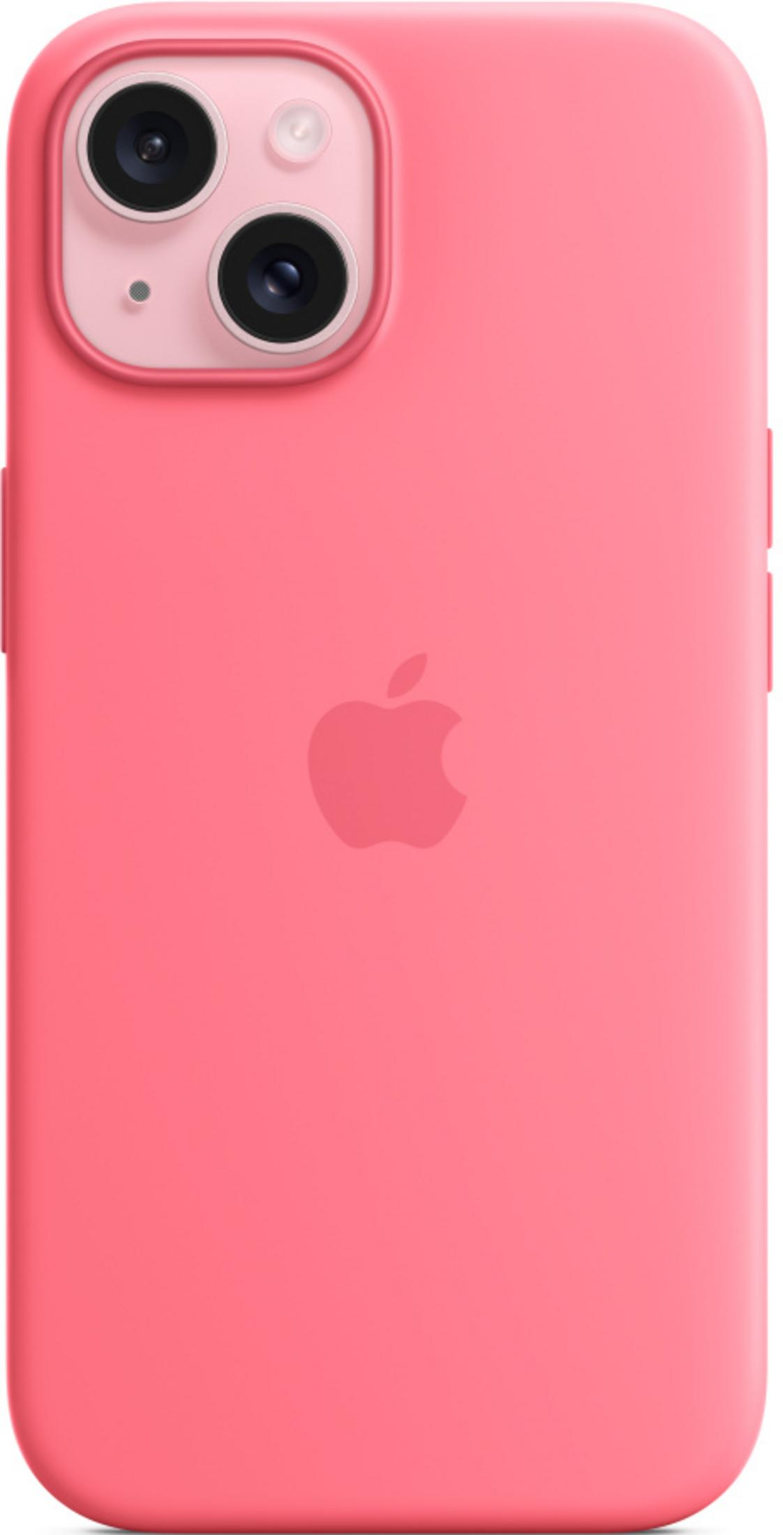 Ein korallenfarbenes iPhone-Gehäuse mit Apple-Logo und Kameralinsenausschnitt.