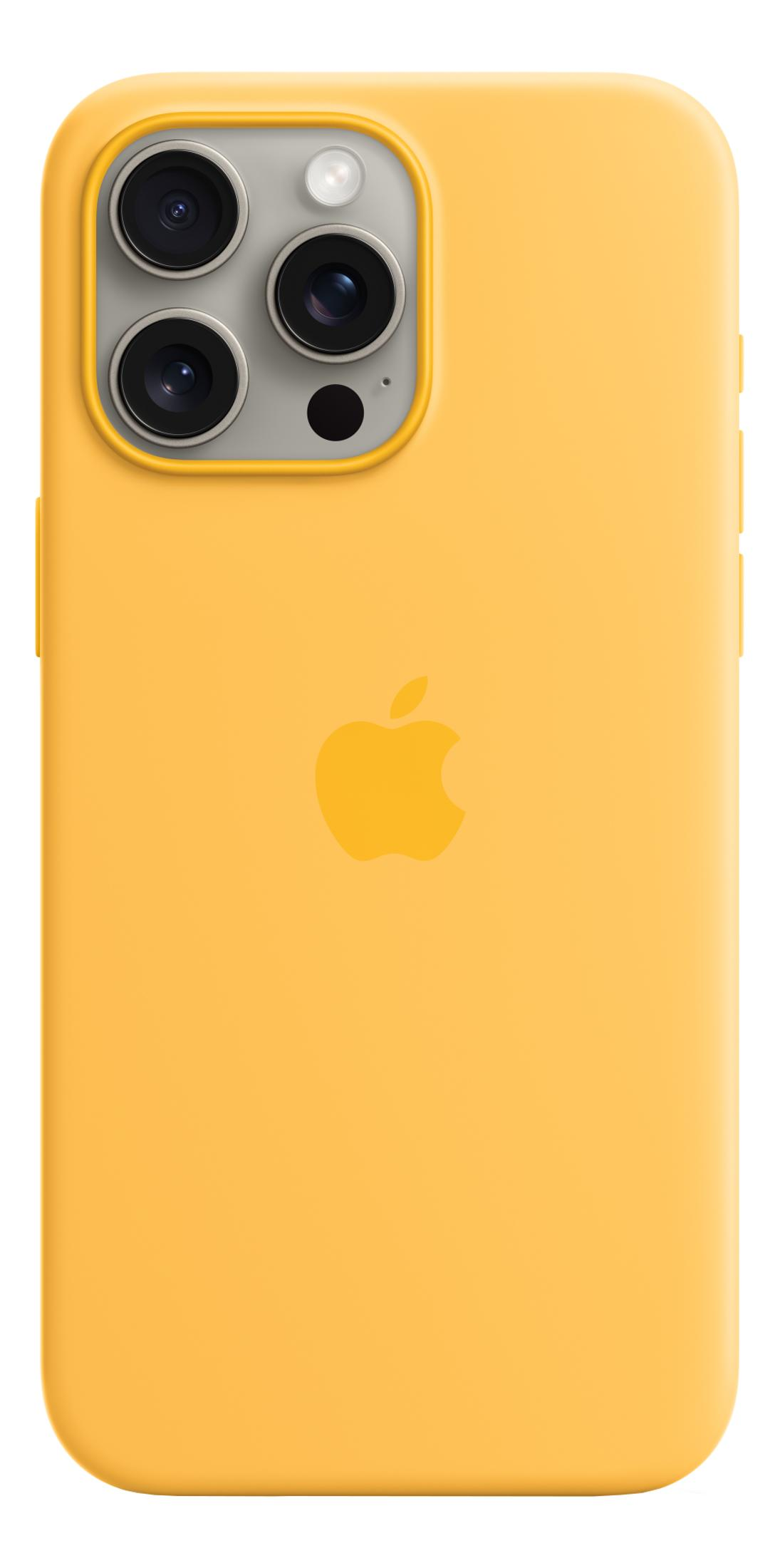 Yellow iPhone case featuring the Apple logo and camera module.