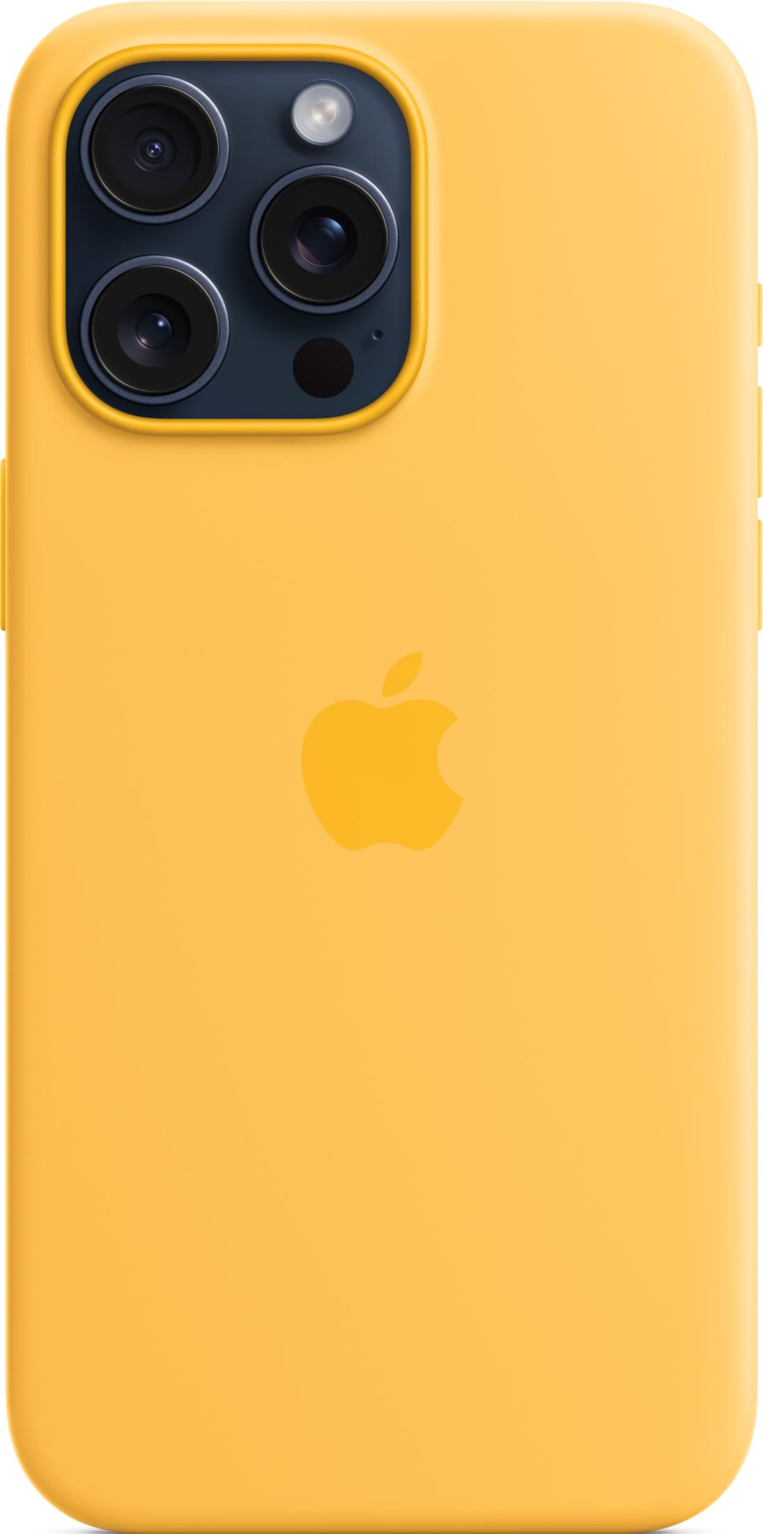 A yellow iPhone case with an Apple logo and camera lenses.