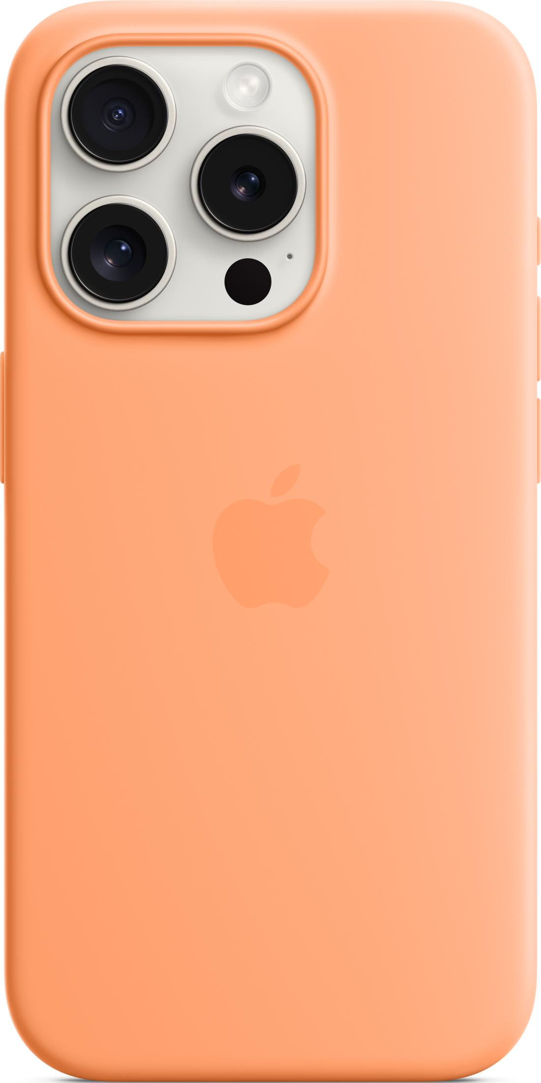 An orange phone case with an Apple logo and a camera unit.