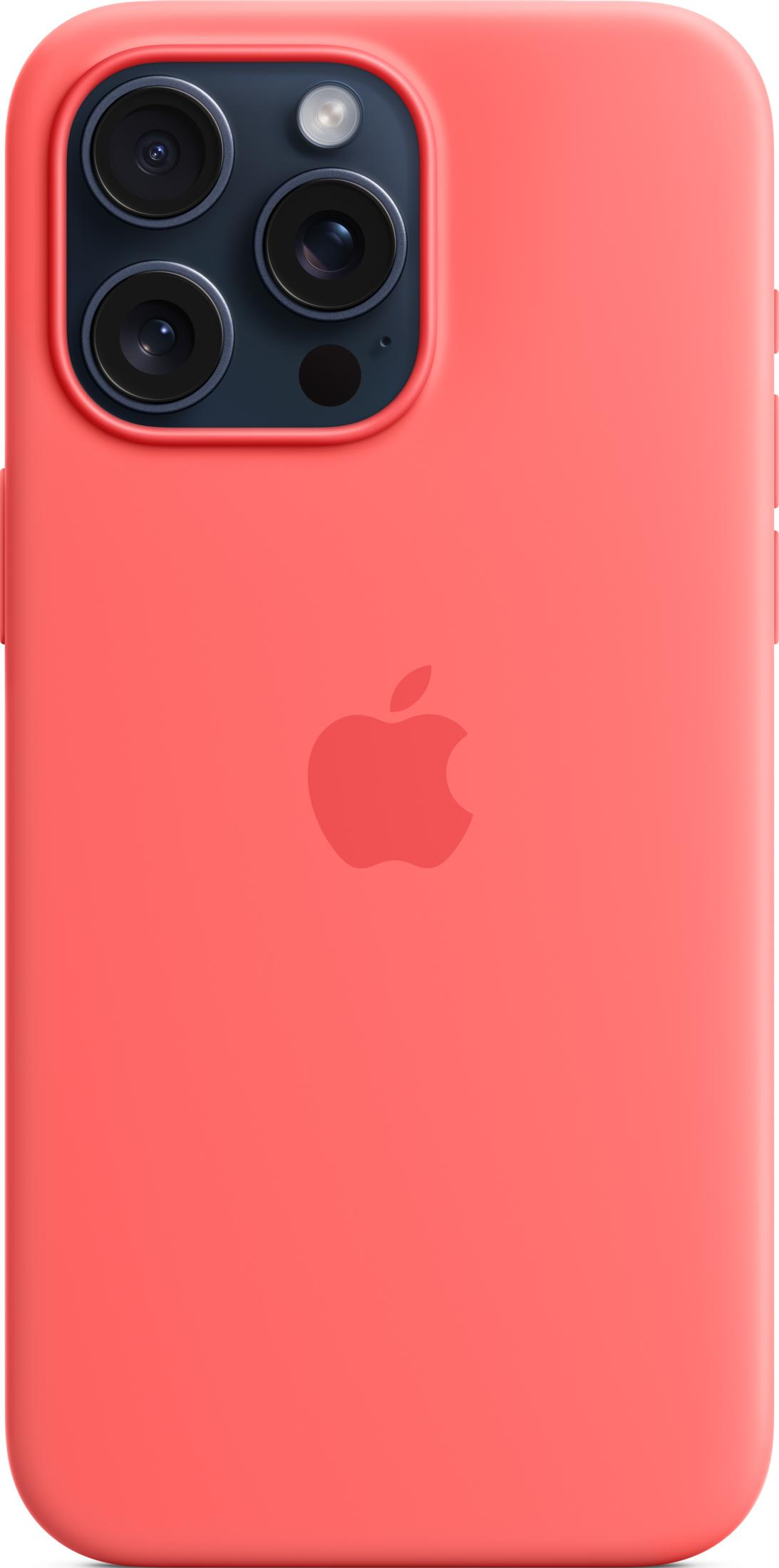 Red iPhone case with Apple logo and camera array.