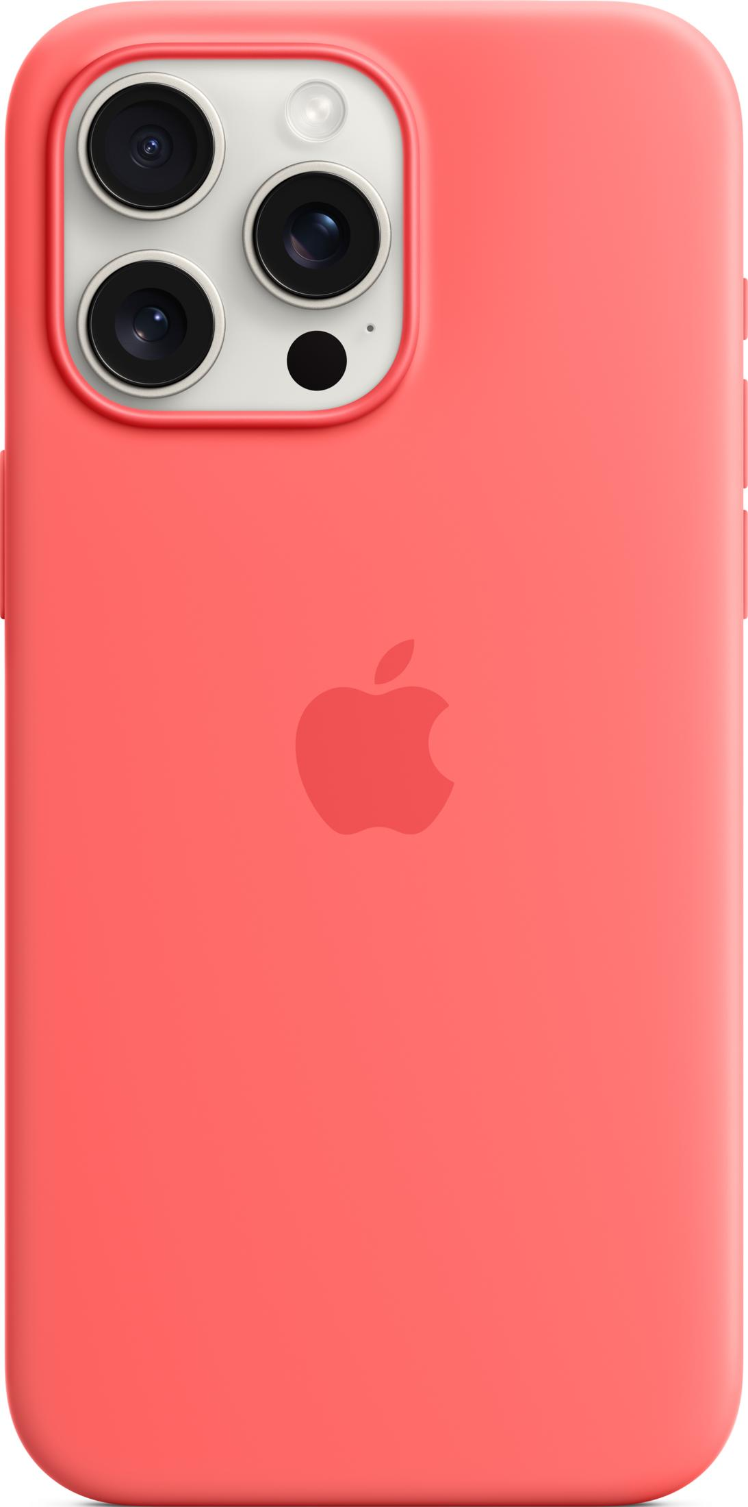 Red iPhone case with Apple logo and triple camera.