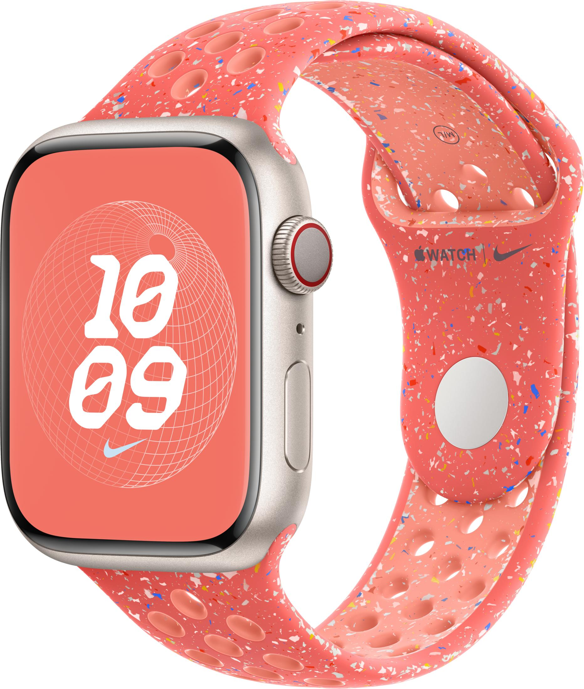 Een roze Nike smartwatch met kleurrijke spikkels en een wijzerplaat.