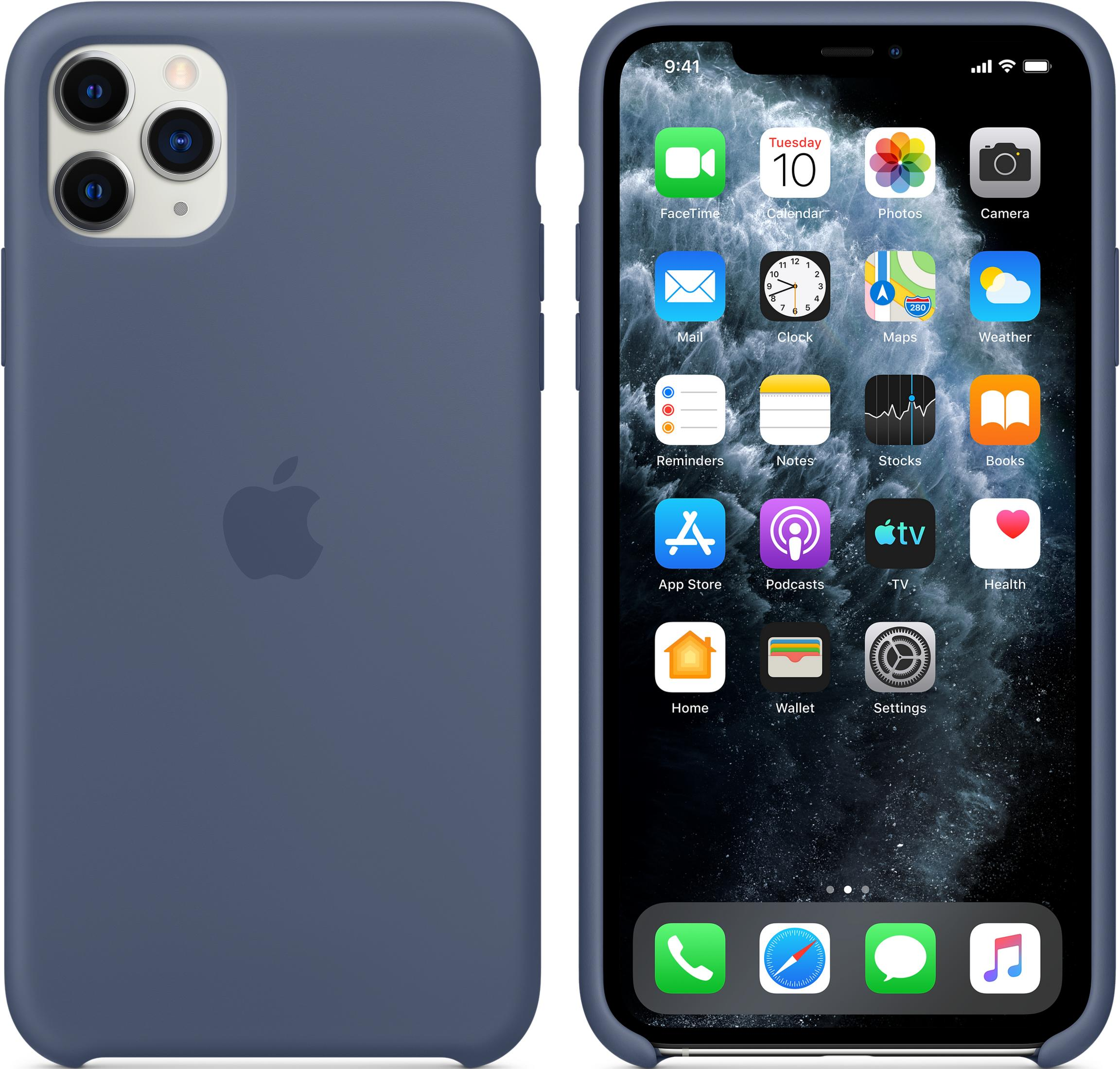 Una custodia blu per iPhone è mostrata accanto a un iPhone che visualizza app. Il telefono ha una tripla fotocamera.