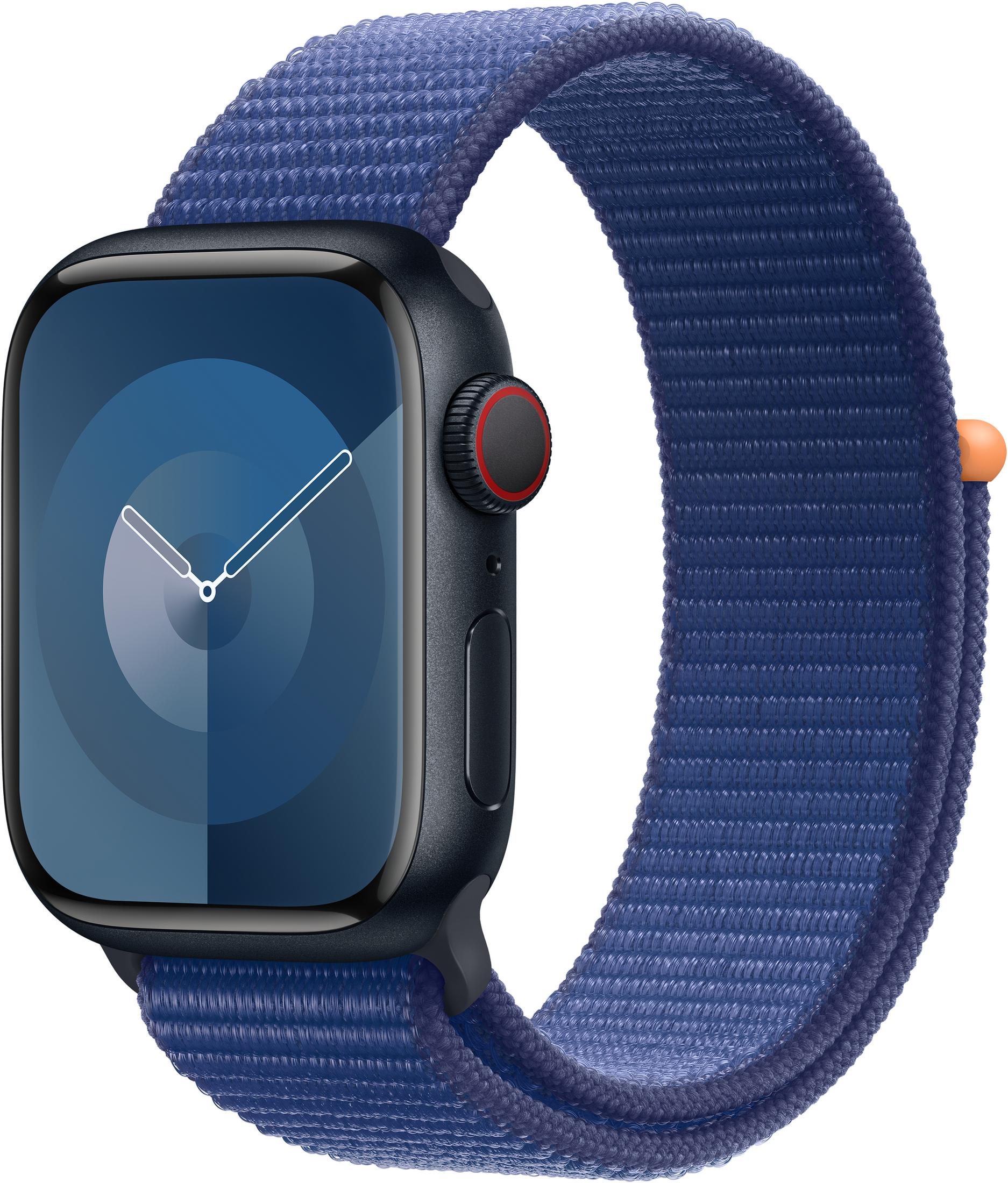 Montre connectée gris foncé avec bracelet tissé bleu et accent orange.