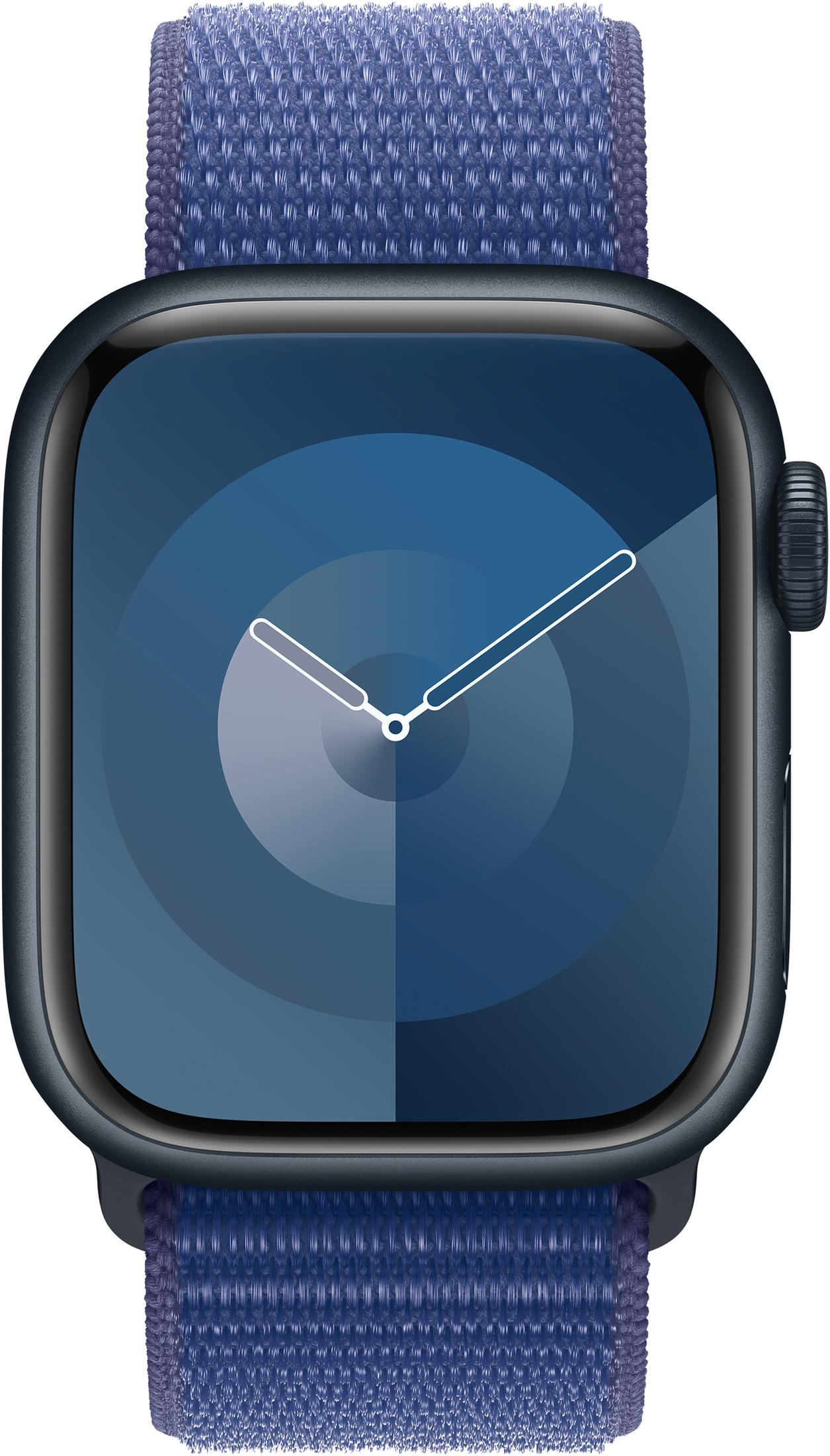 Une Apple Watch avec bracelet bleu et cadran bleu avec aiguilles blanches.