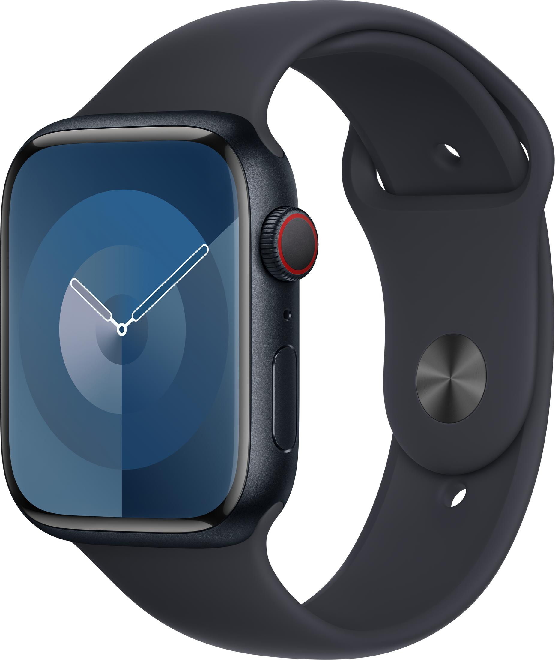 Donkergrijze smartwatch met blauw wijzerplaat en rood accent op de kroon.