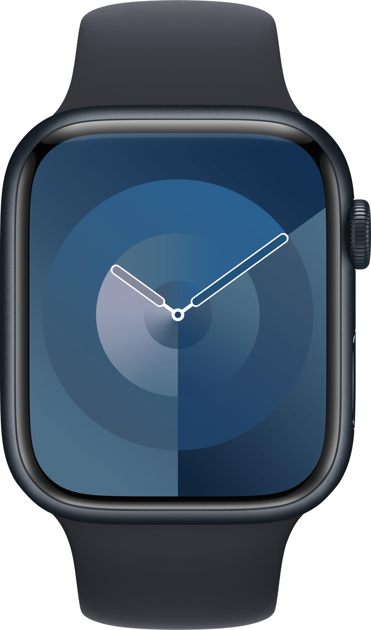 Een donkere smartwatch met een blauw wijzerplaat en witte wijzers.