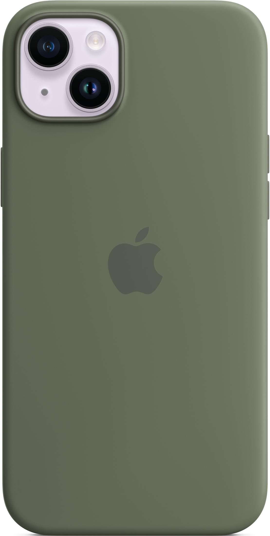 Zielone etui na iPhone z logo Apple i wycięciem na aparat.