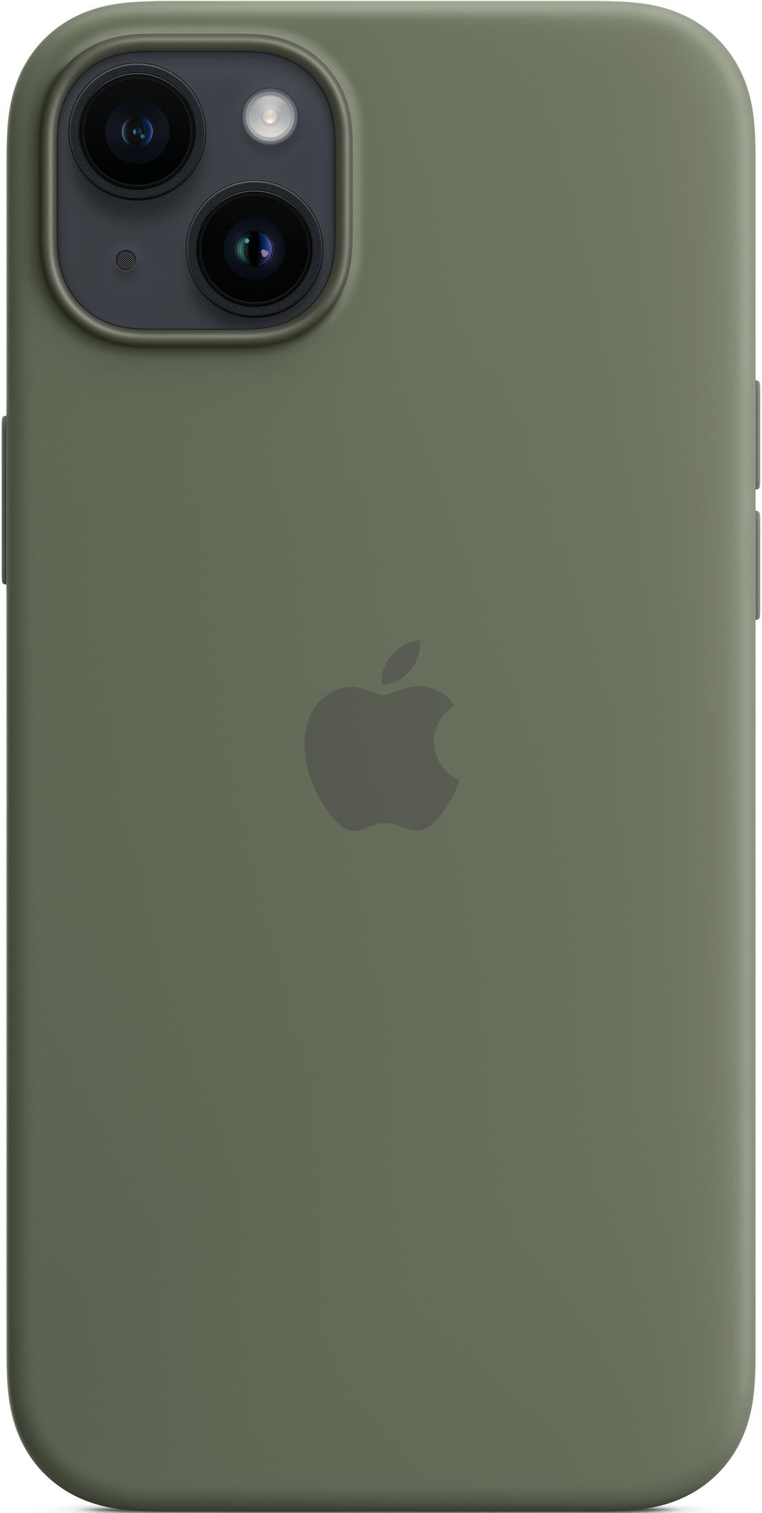 Zielone etui na iPhone z logo Apple i dwoma aparatami.
