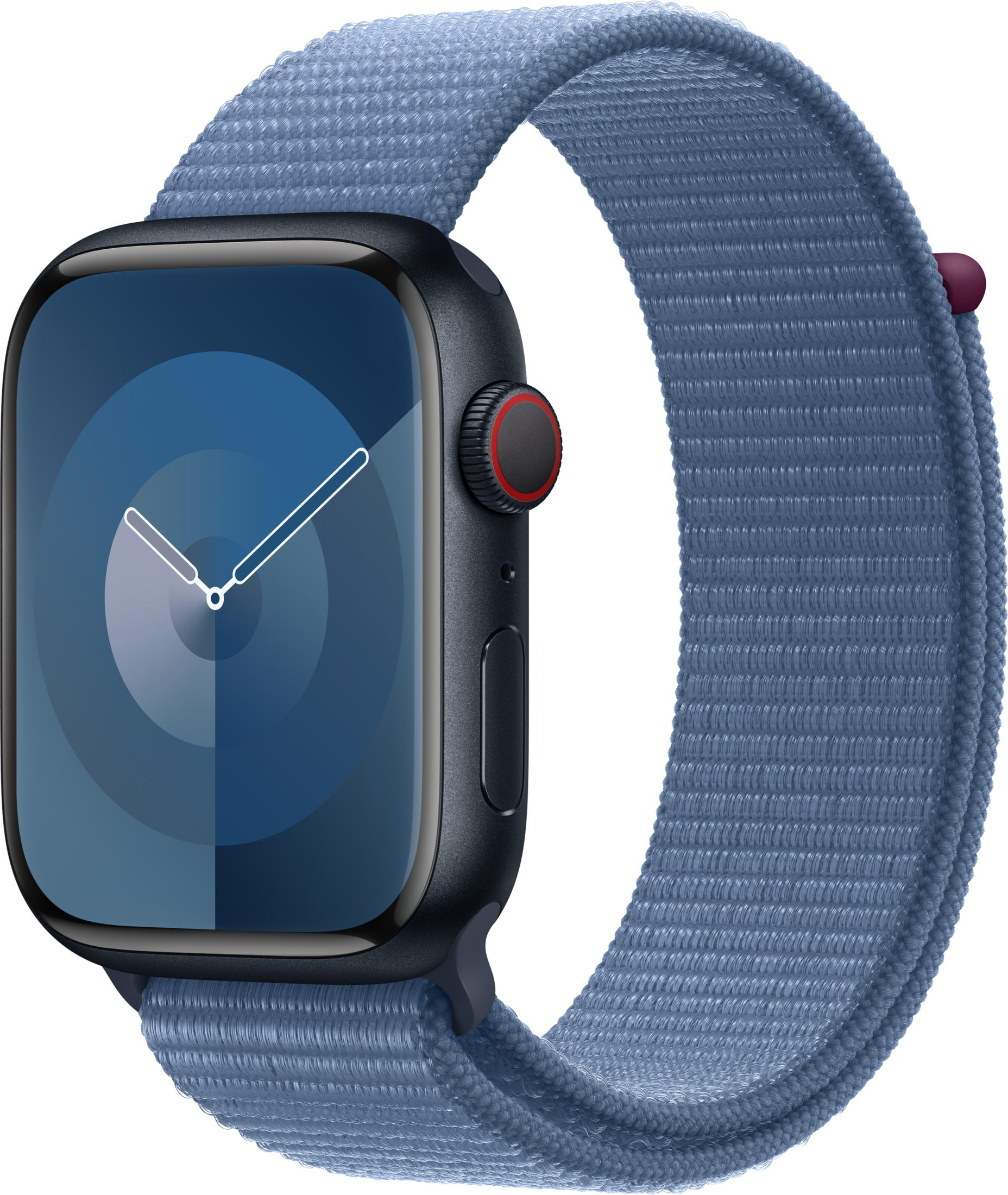 Een grijze smartwatch met een blauwe stoffen band en analoge wijzerplaat.