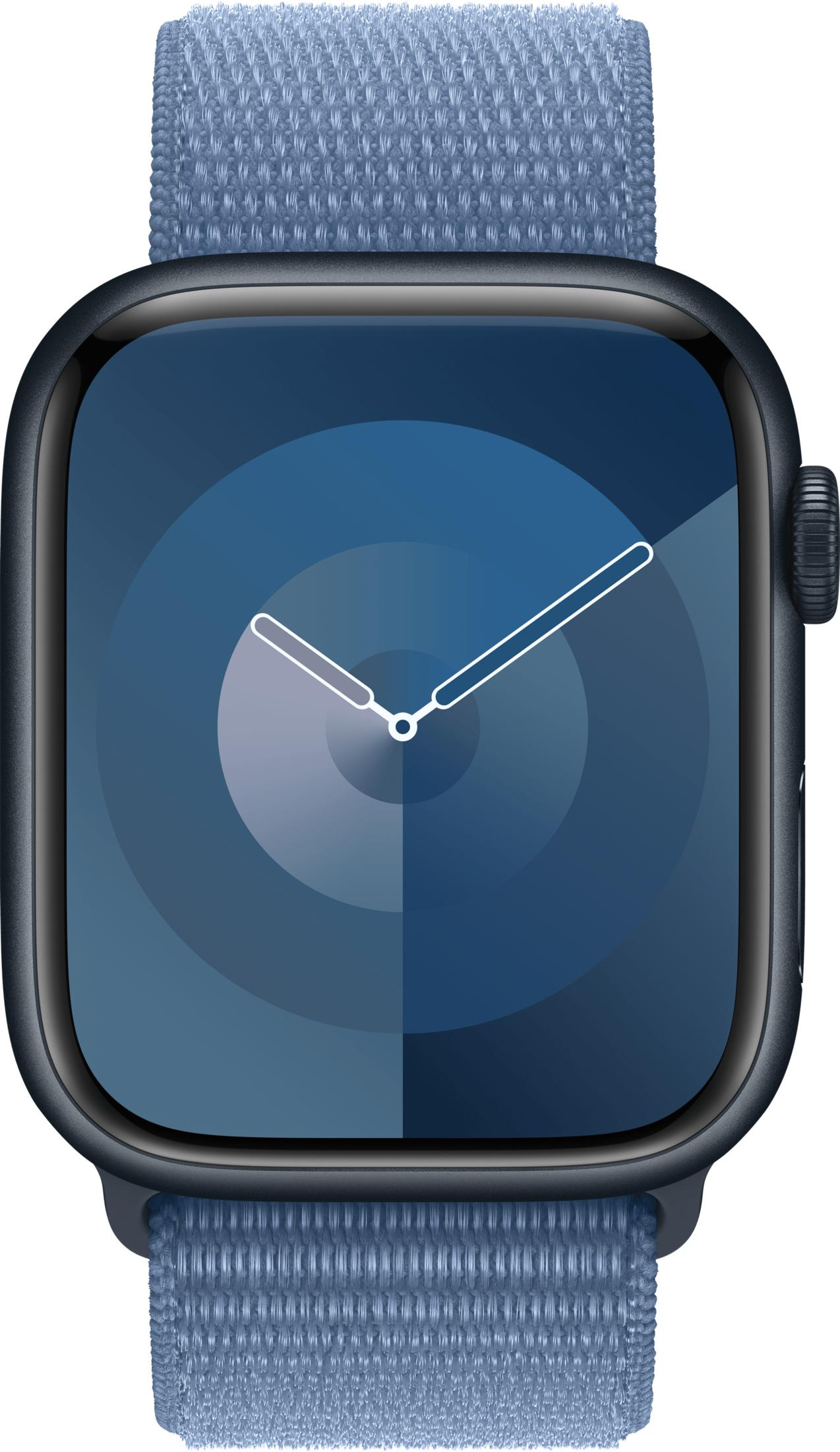 Een blauw smartwatch met analoge wijzerplaat en stoffen band.