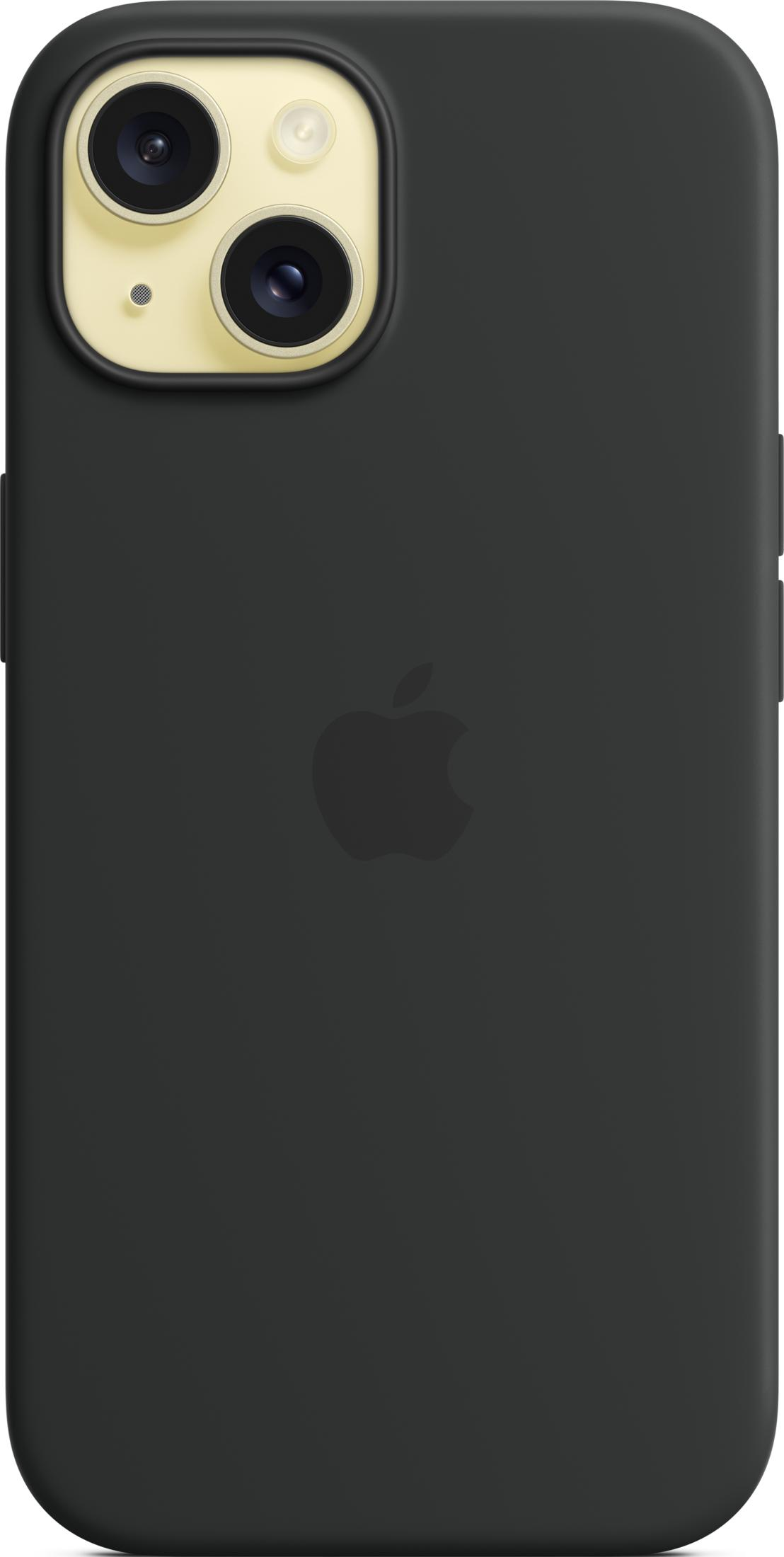 Zwarte telefoonhoes met Apple logo en camerauitsparing.