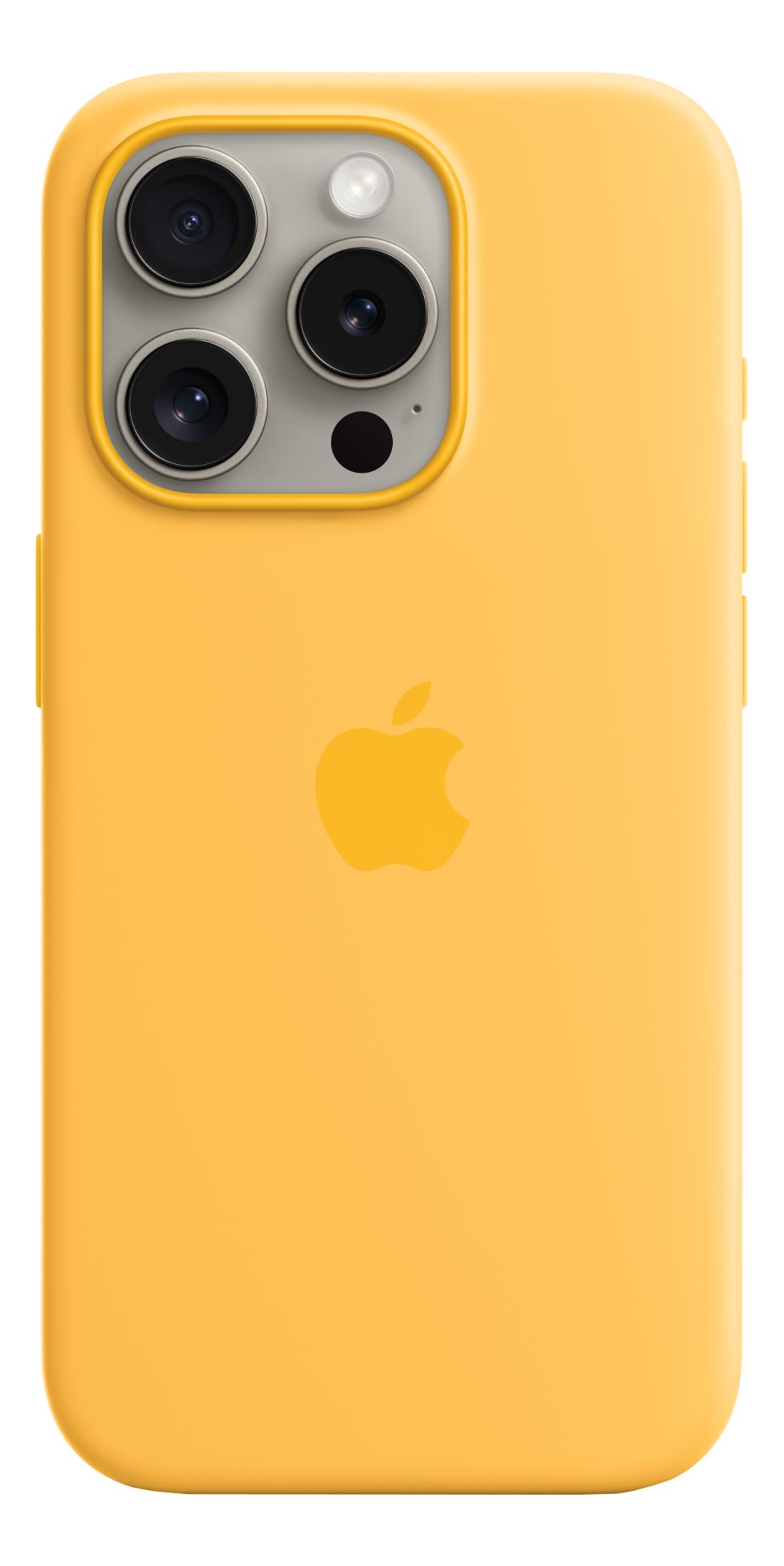 Yellow iPhone case with Apple logo and three camera lenses.