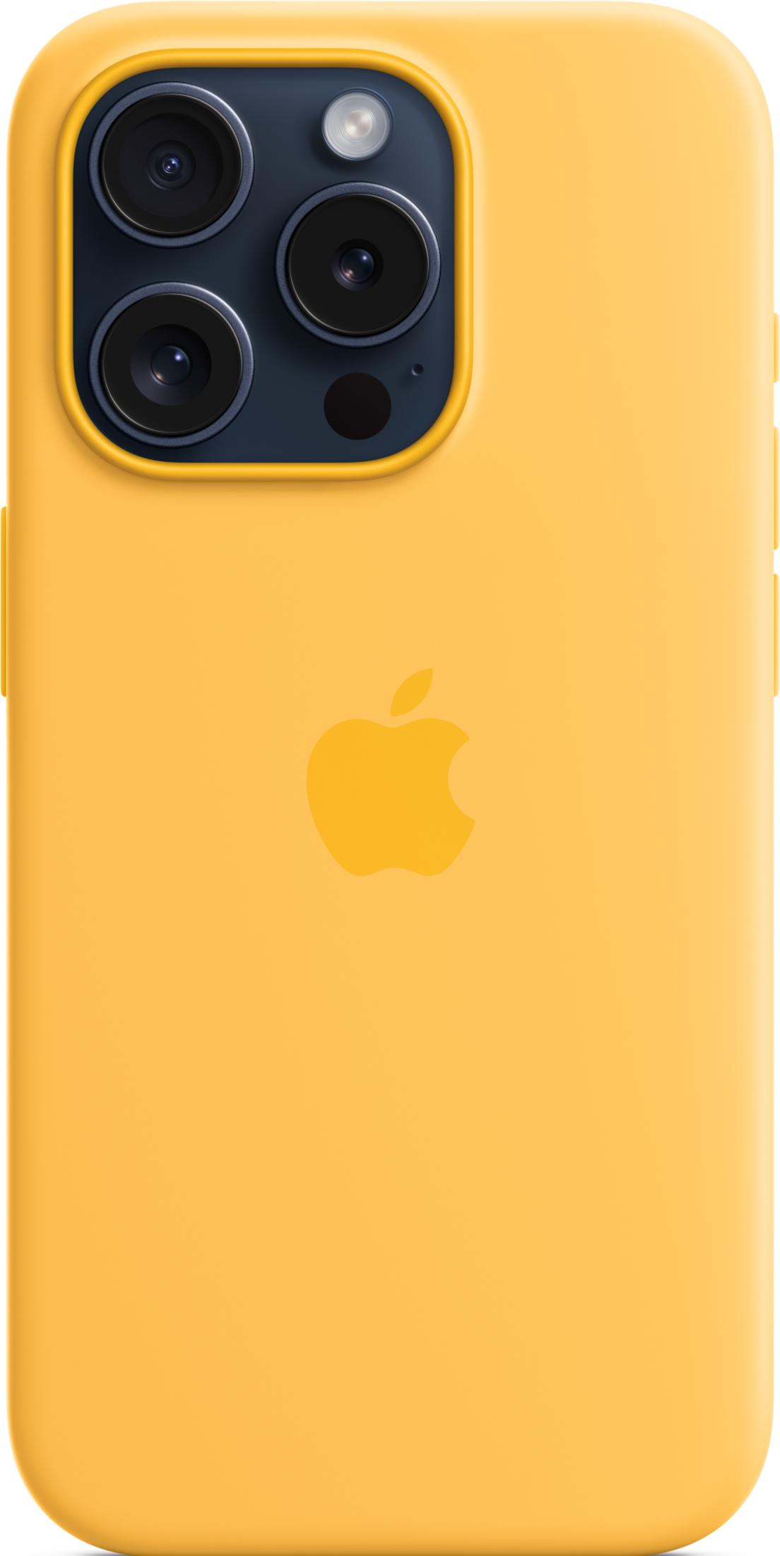 Yellow iPhone case with Apple logo and camera module on the back.