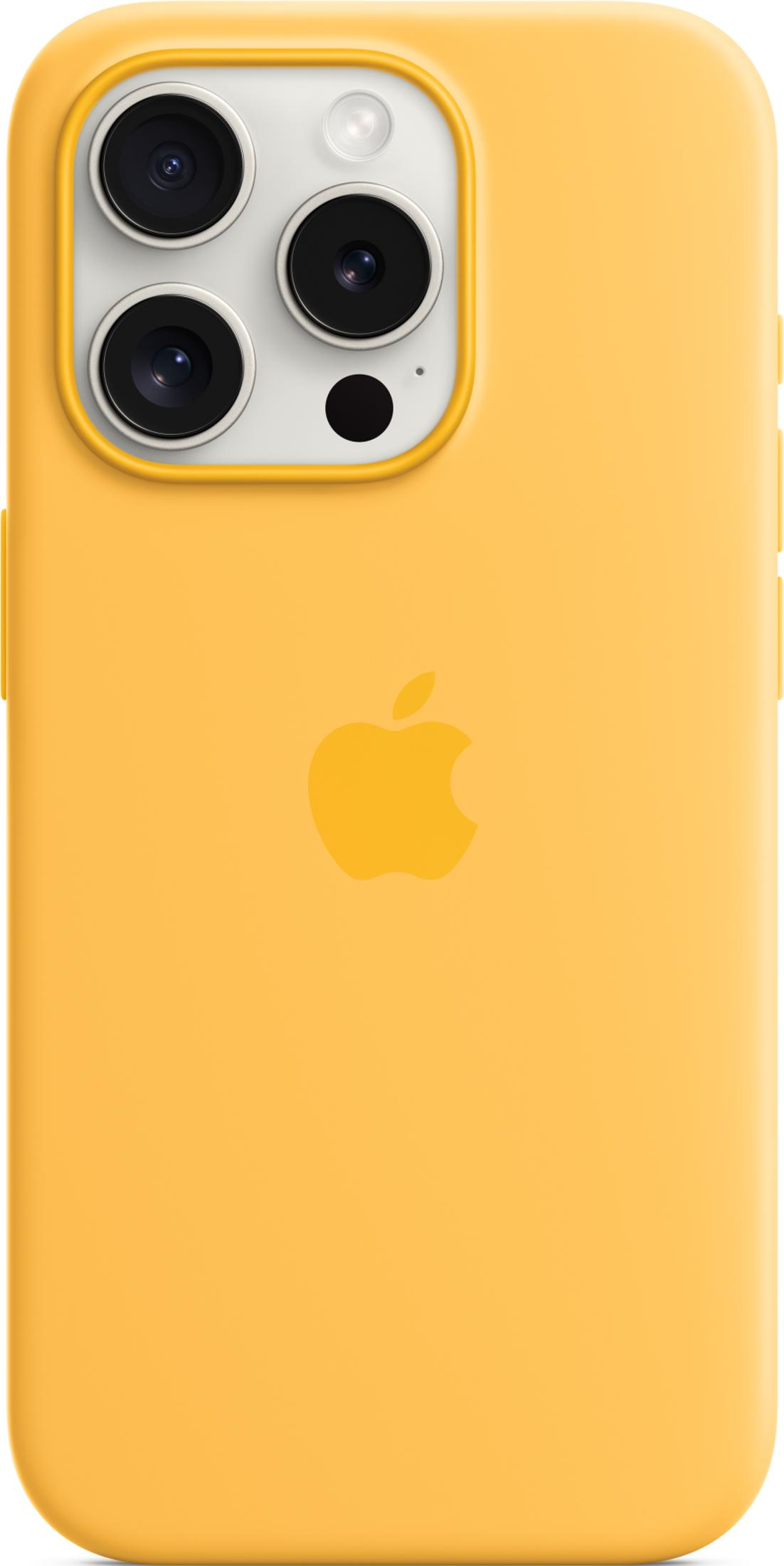 A yellow iPhone with three cameras and the Apple logo.