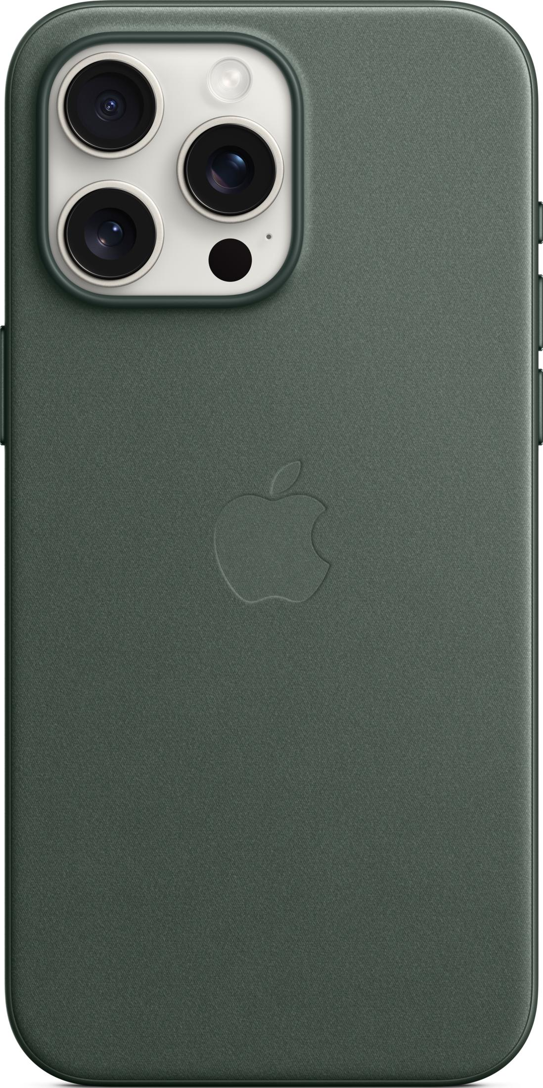 Donkergroene telefoonhoes met Apple-logo en cameramodule.