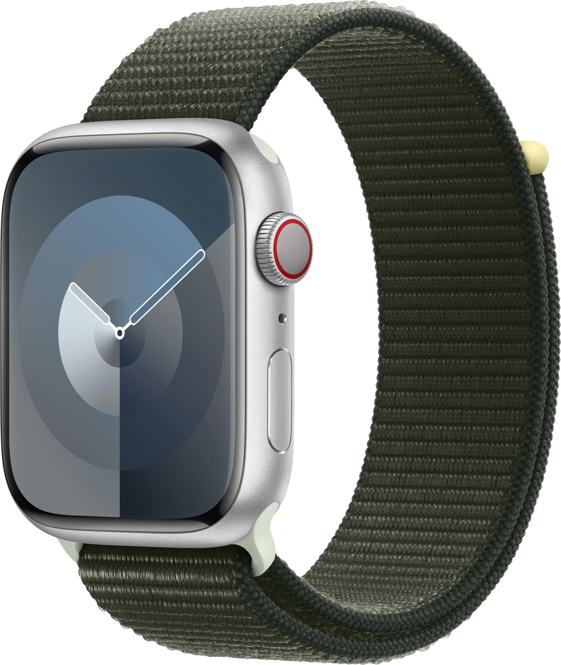 Zilveren smartwatch met donker stoffen bandje en abstracte wijzerplaat.