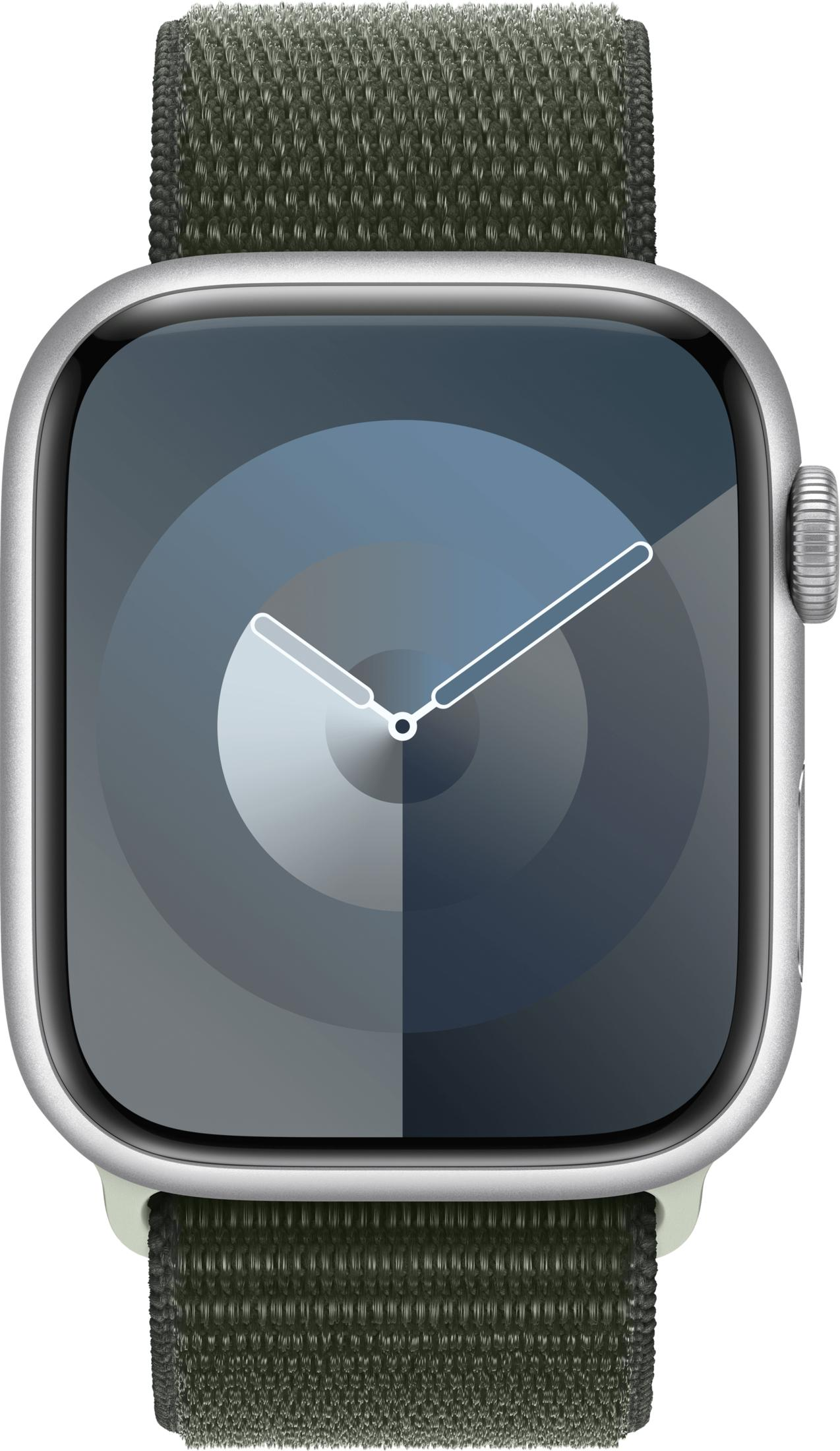 Een grijze smartwatch met een abstracte wijzerplaat en een donkergroene stoffen band.