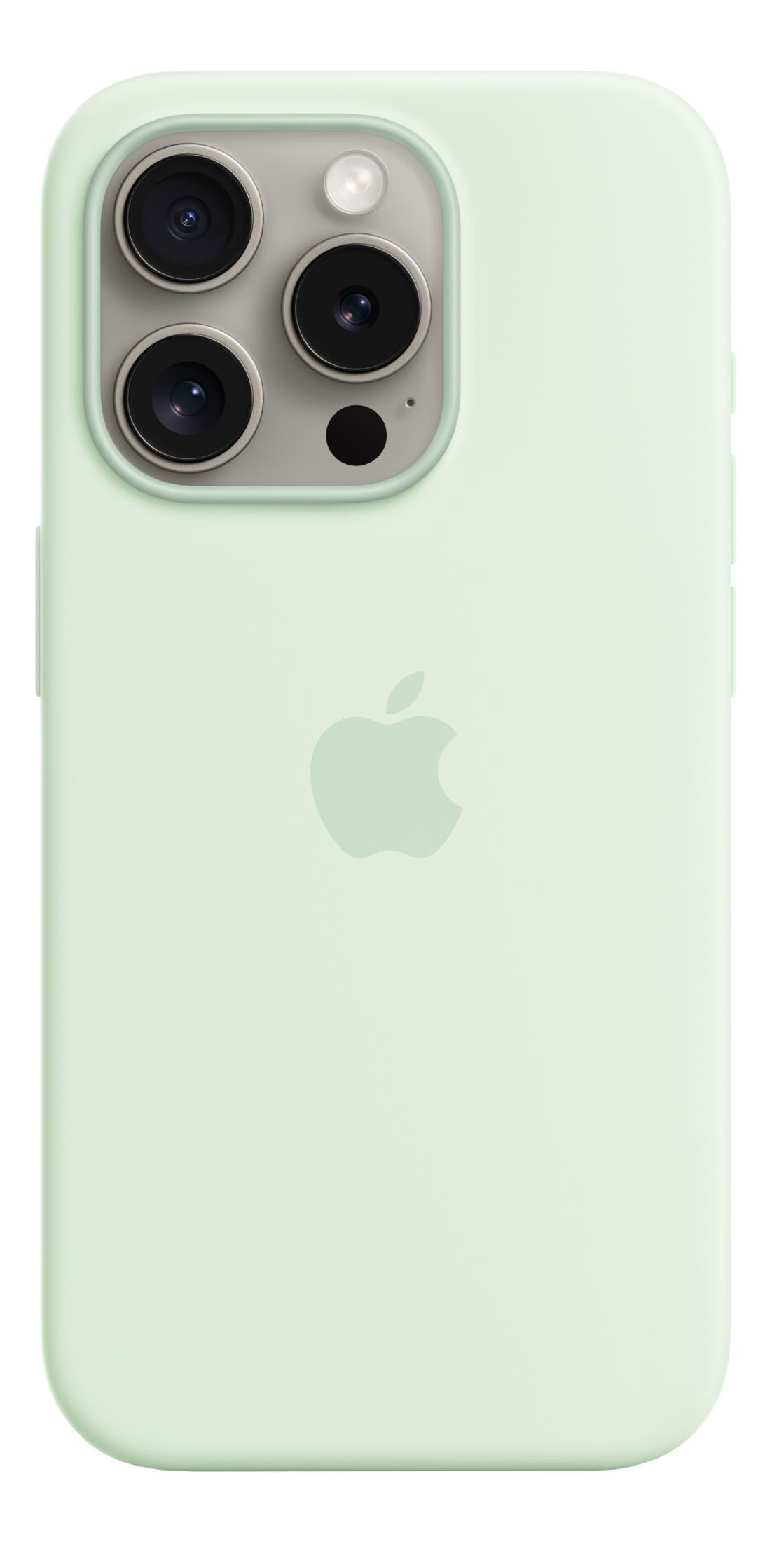 Back of a light green iPhone with a triple camera and Apple logo.