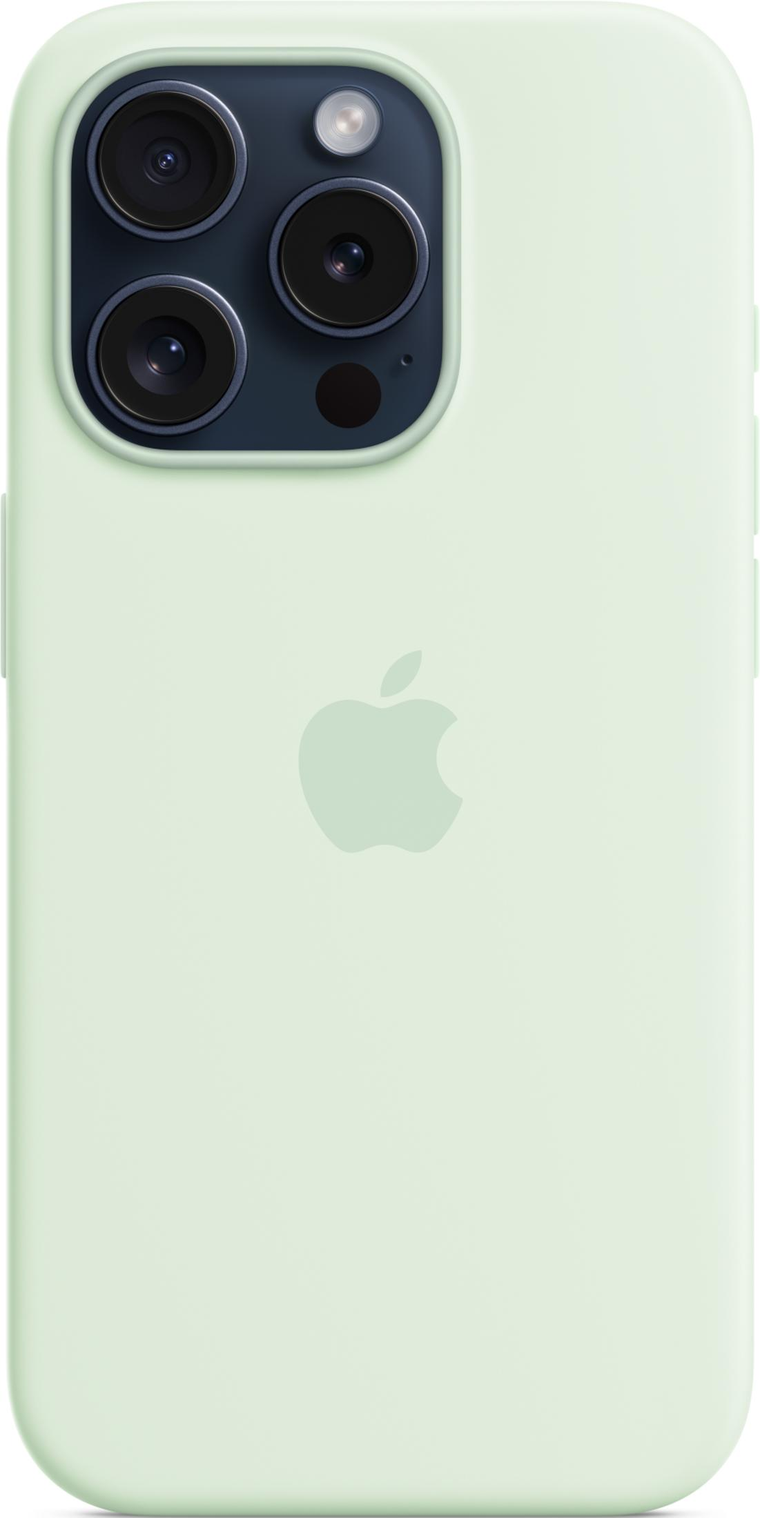 Light green iPhone case with Apple logo and triple camera.