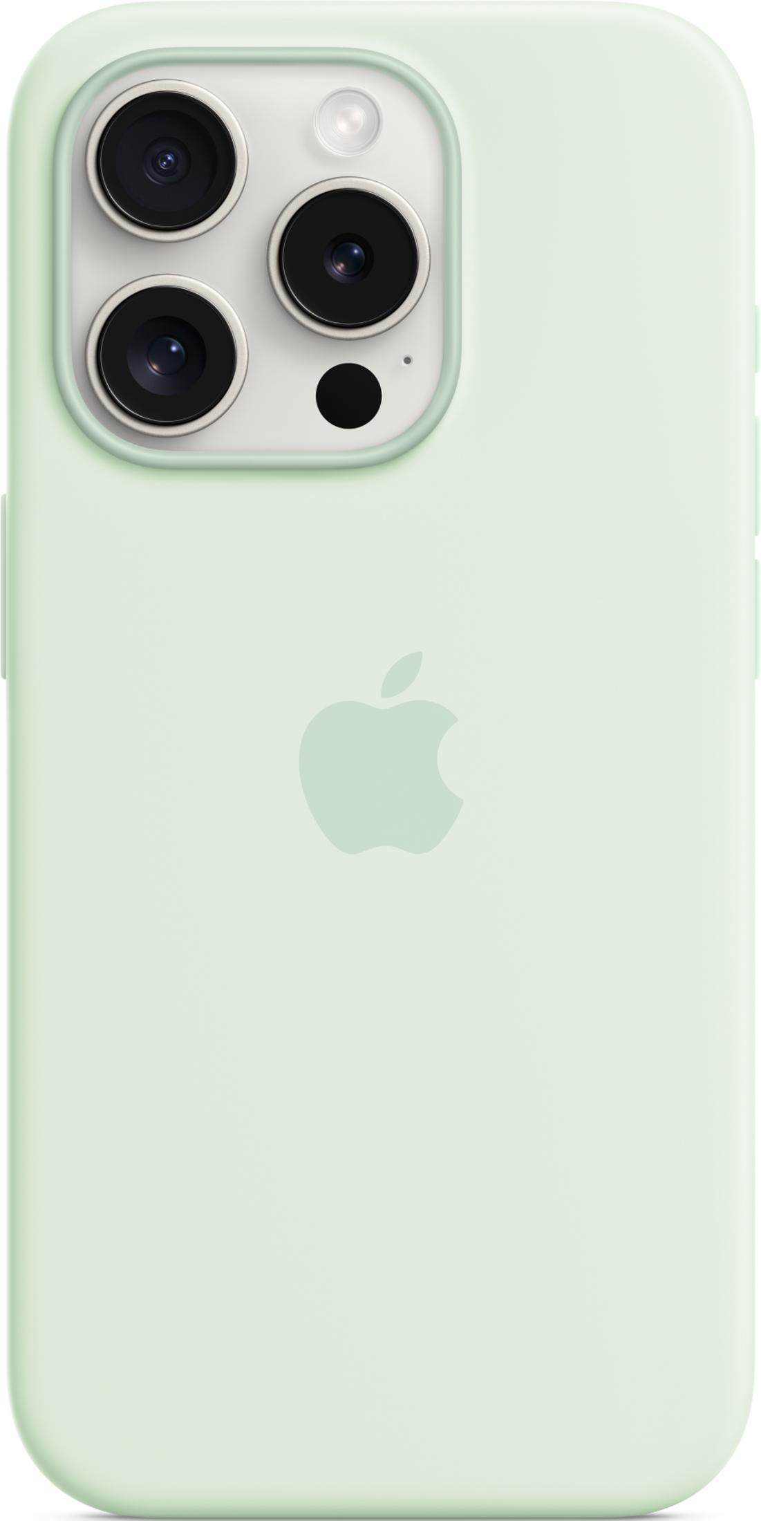 Light green phone case featuring a triple camera lens and Apple logo.