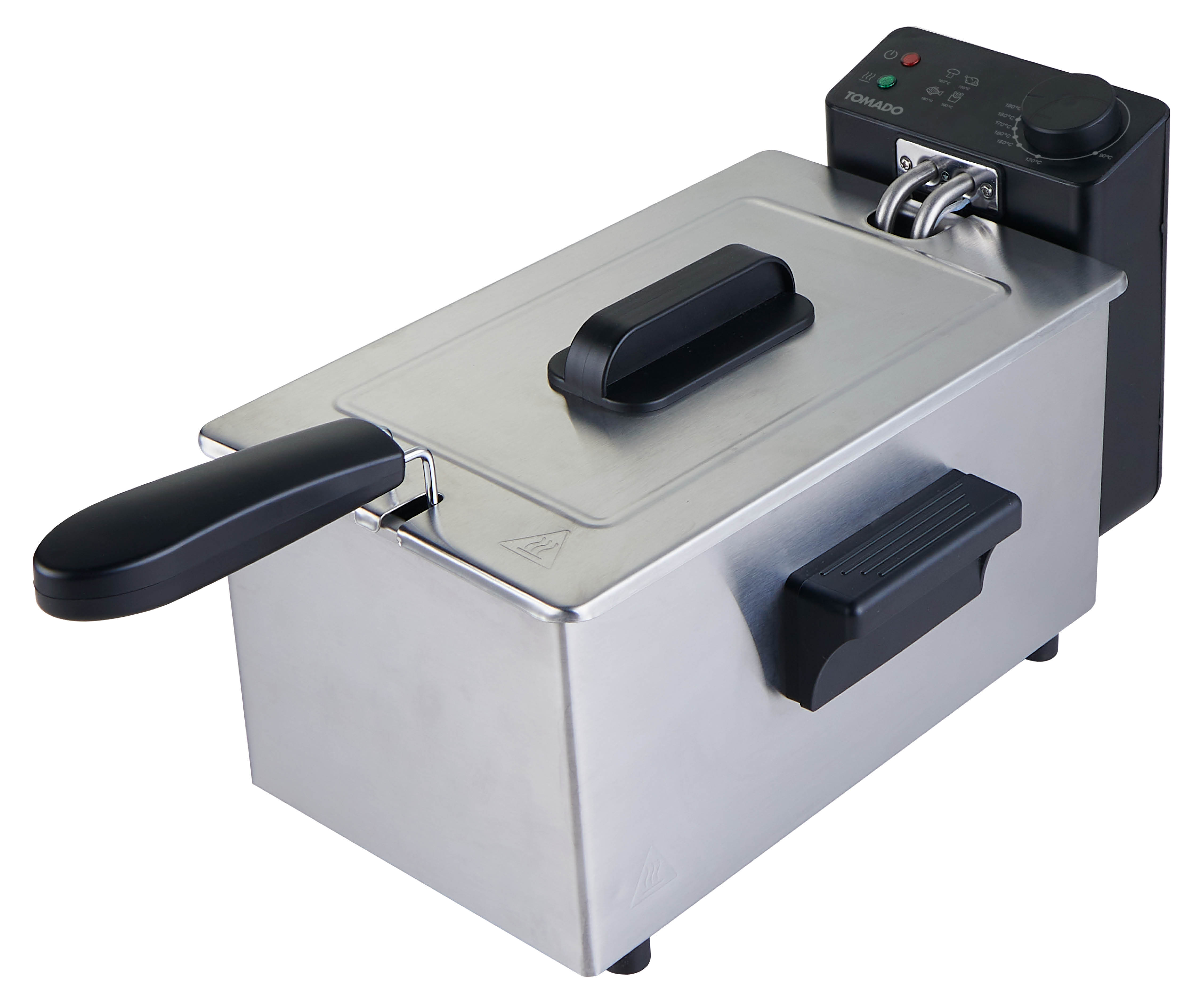 RVS frituurpan met zwart handvat en bedieningspaneel.