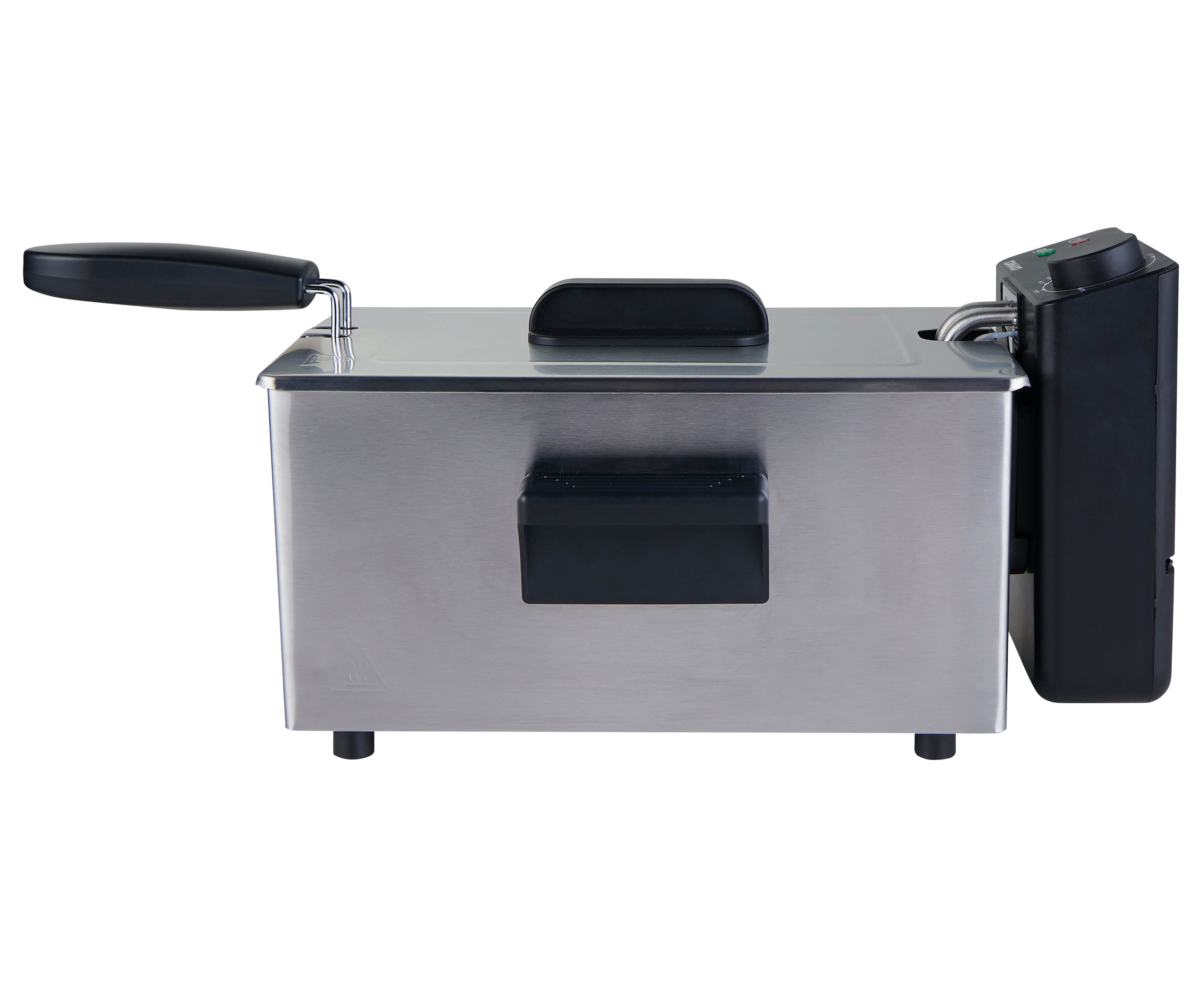 RVS frituurpan met zwart deksel, handvat en bedieningspaneel.