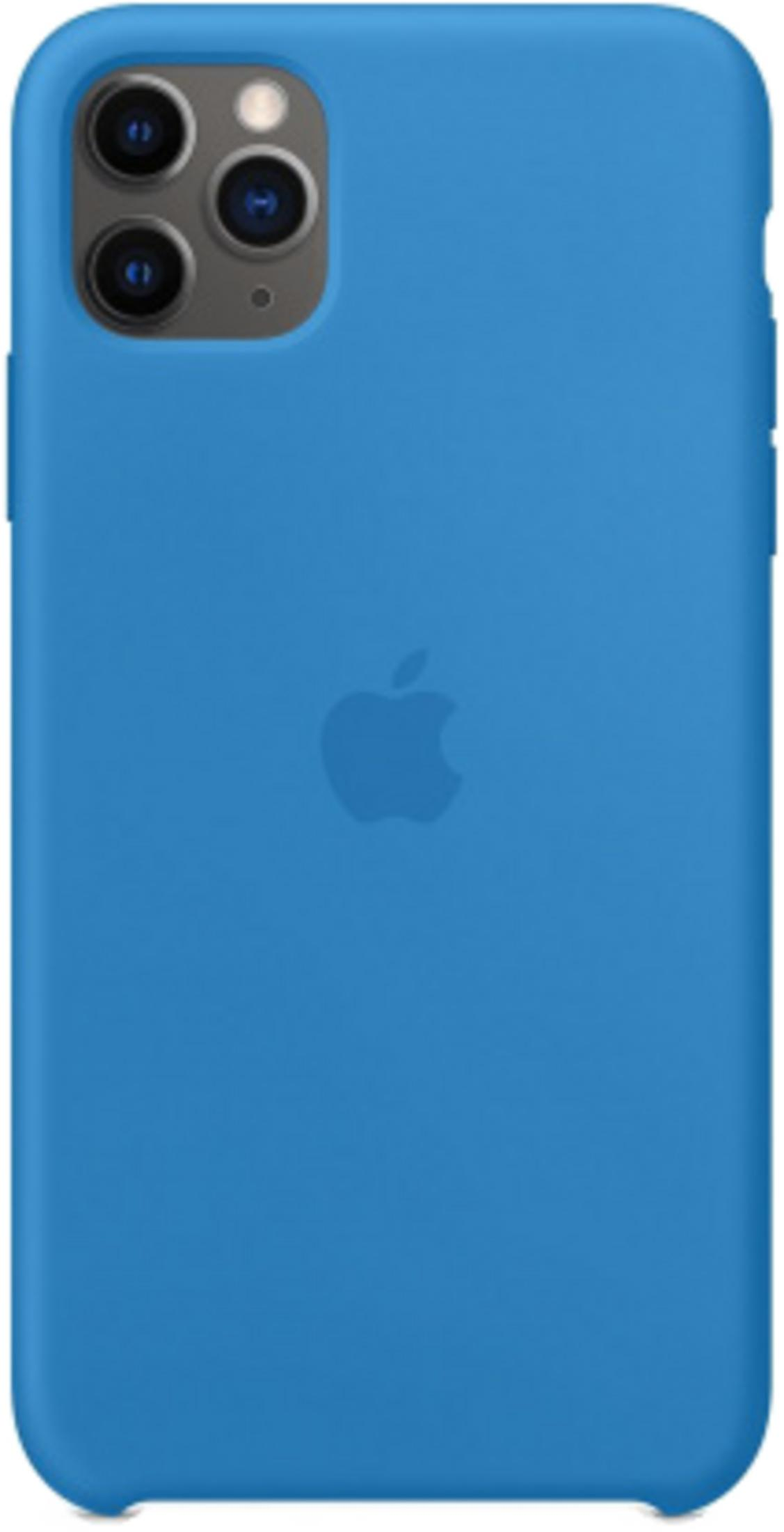 Blauwe iPhone hoes met Apple logo en drievoudige camera-uitsparing.