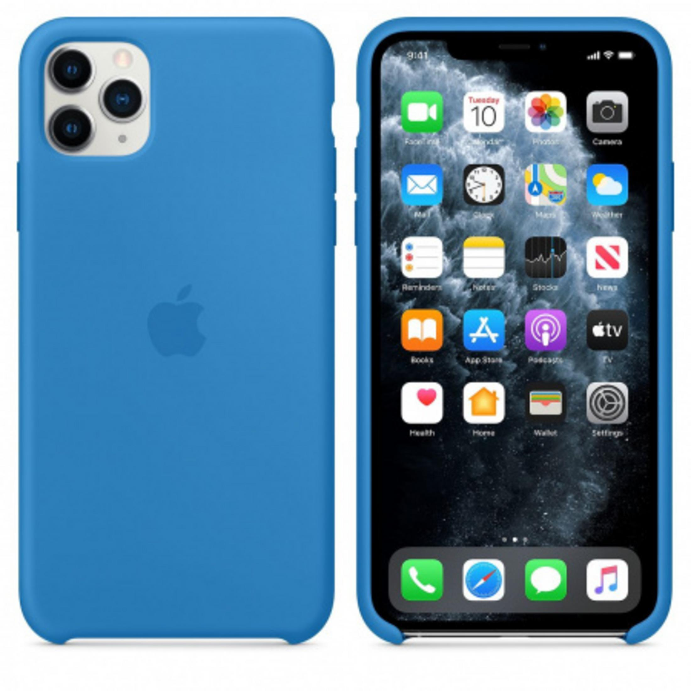 Blauwe iPhone met camera's en apps. Achterkant toont Apple-logo.