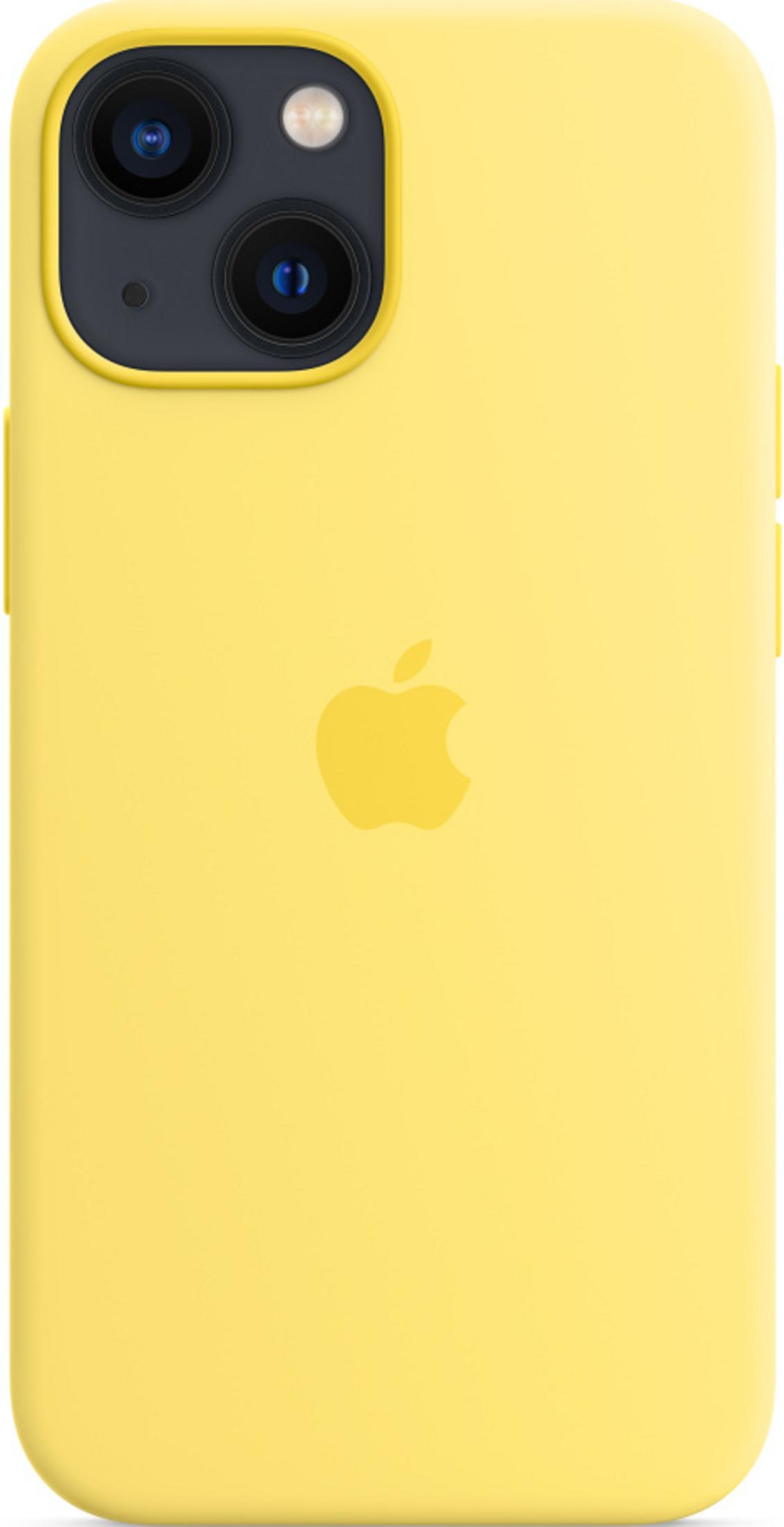 Gele iPhone hoes met Apple logo en camera-uitsparing.