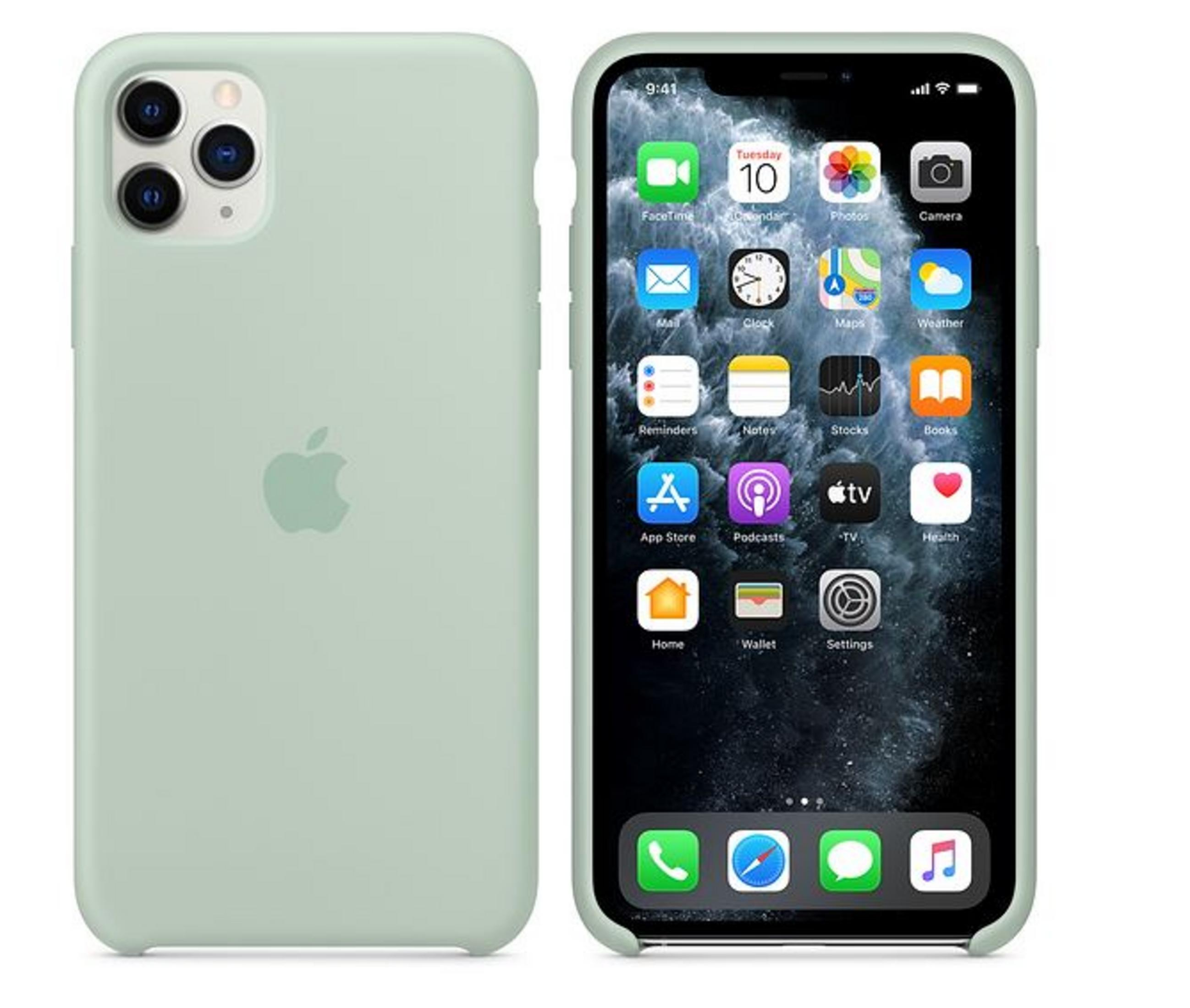 Een lichtgroene iPhone hoes en startscherm.