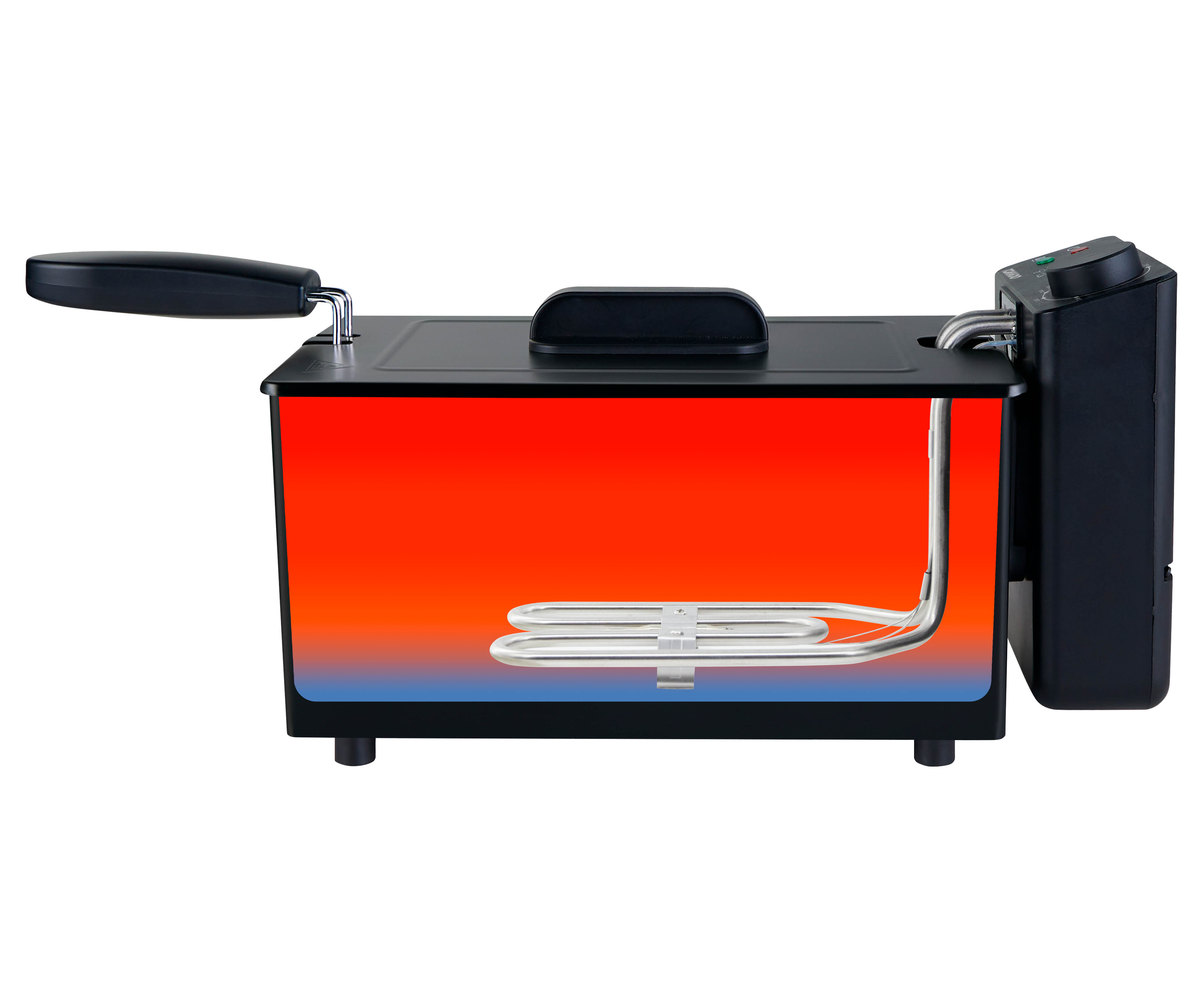 Une friteuse avec poignée noire, élément chauffant et panneau de commande. La paroi intérieure est rouge-bleu.