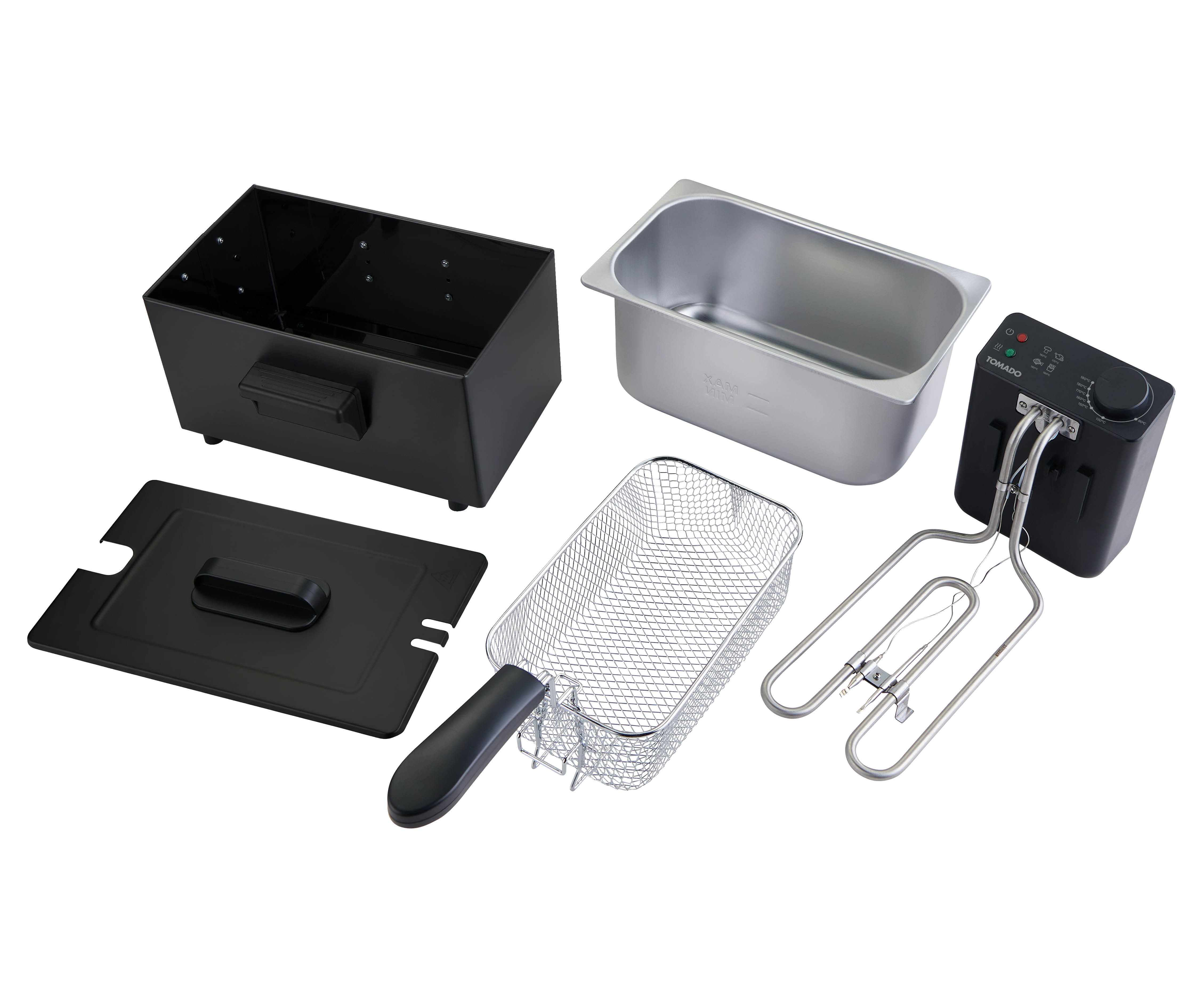 Pièces de friteuse : boîtier, cuve, panier et élément chauffant.