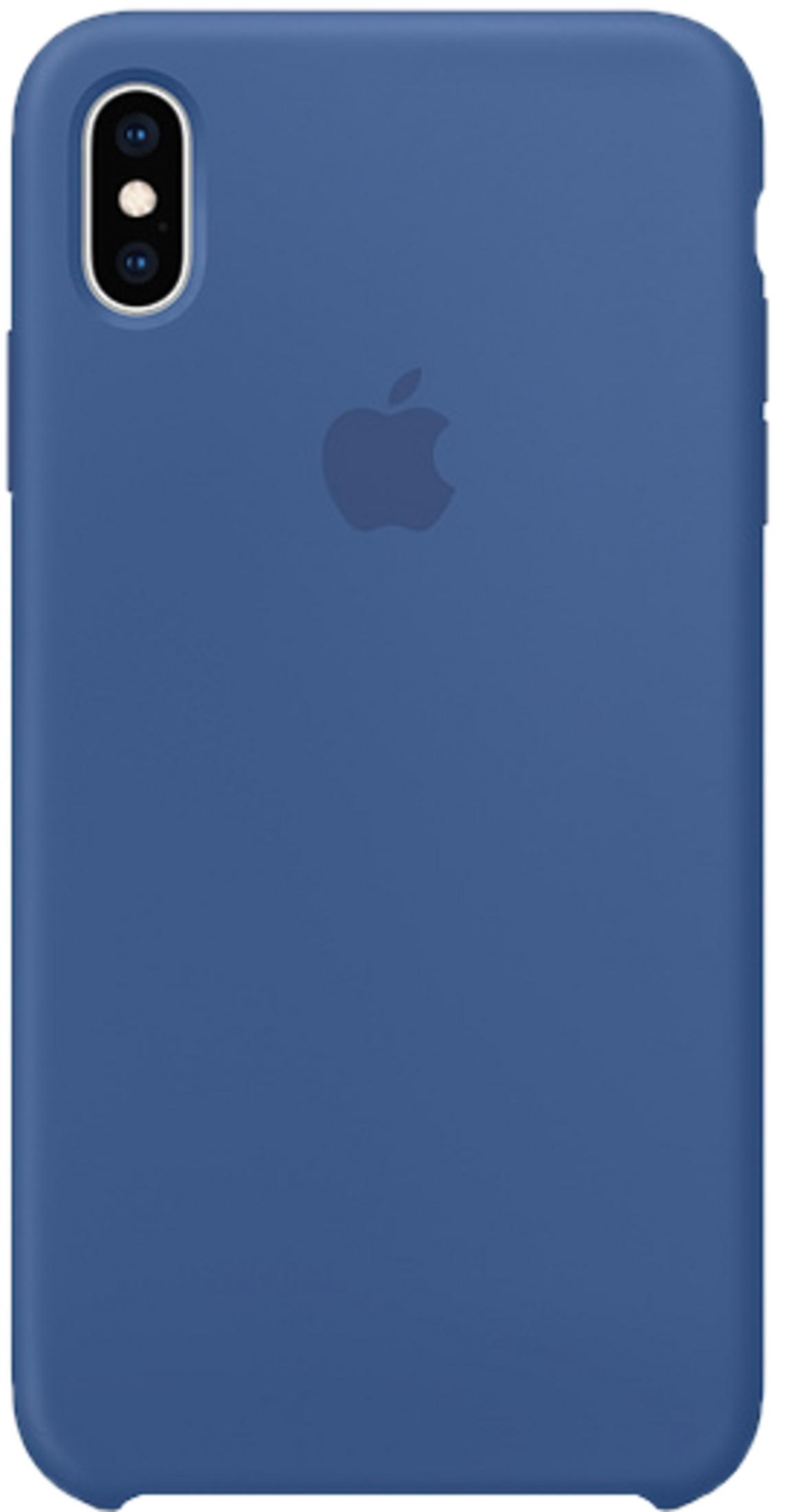 Blauwe telefoonhoes met Apple logo en camera-uitsparing.