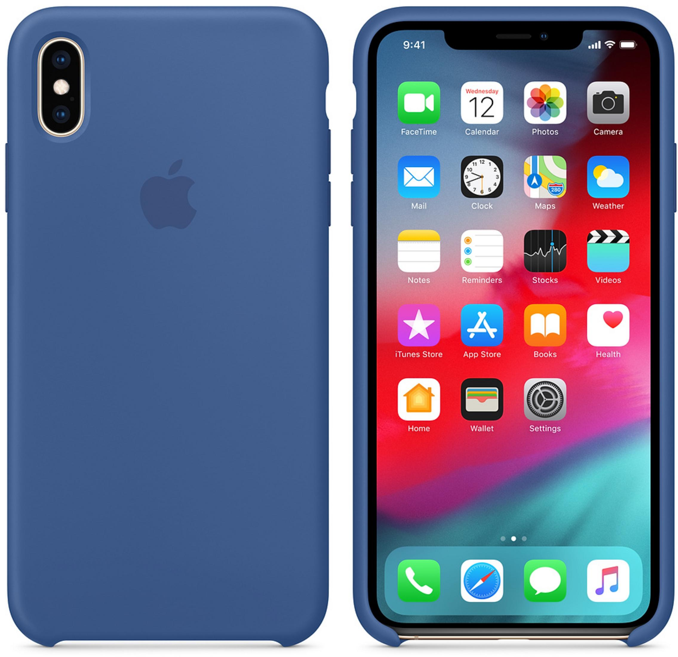 Een blauwe iPhone in landschapsmodus met veel app-pictogrammen op het scherm.