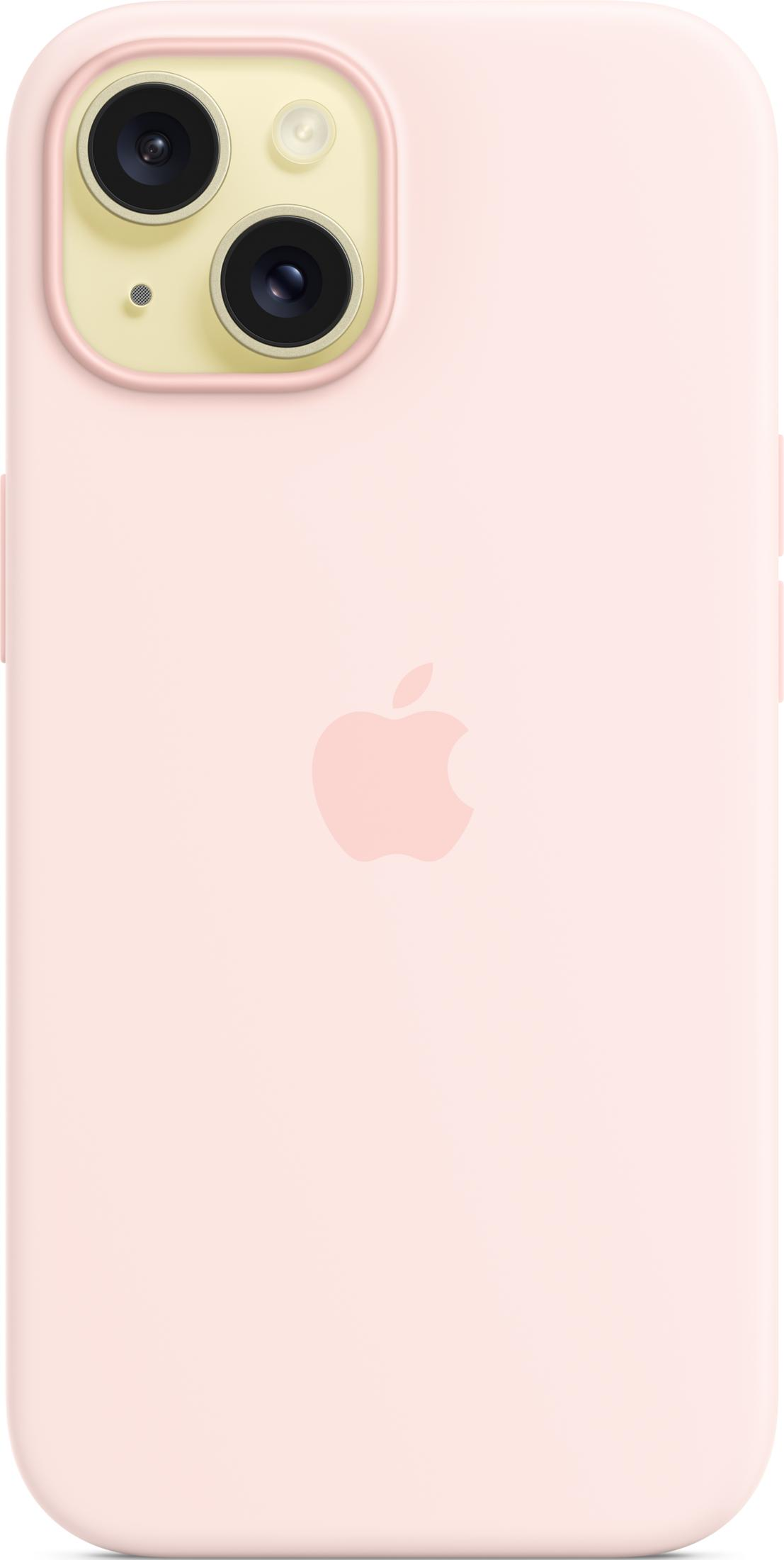 A light pink iPhone with an Apple logo and two camera lenses.