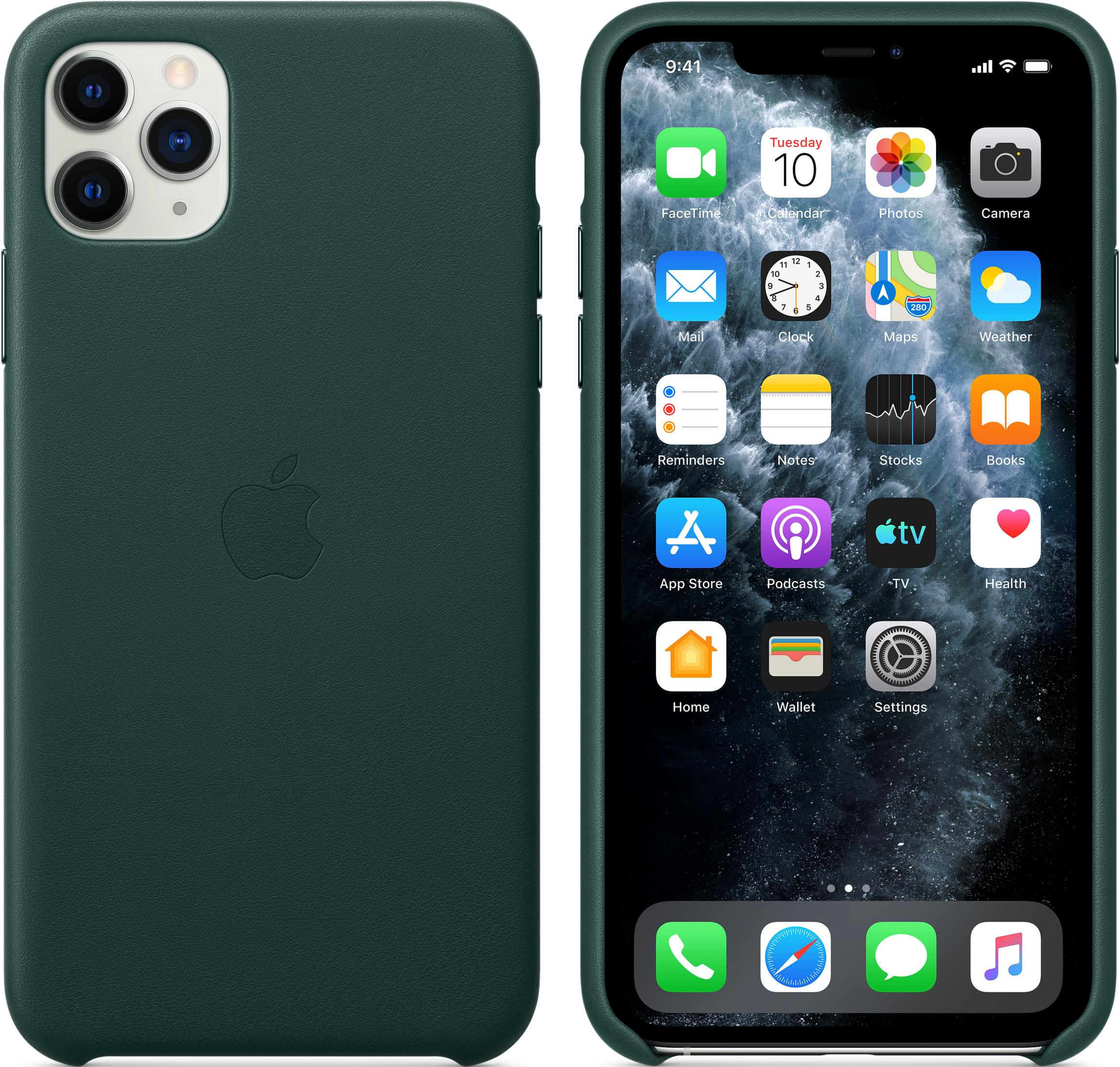 Donkergroene telefoonhoes en iPhone met apps op het beginscherm. Apple-logo op hoes.