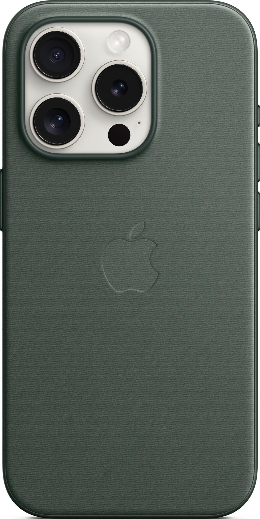 Custodia verde scuro per iPhone con tre fotocamere e logo Apple.