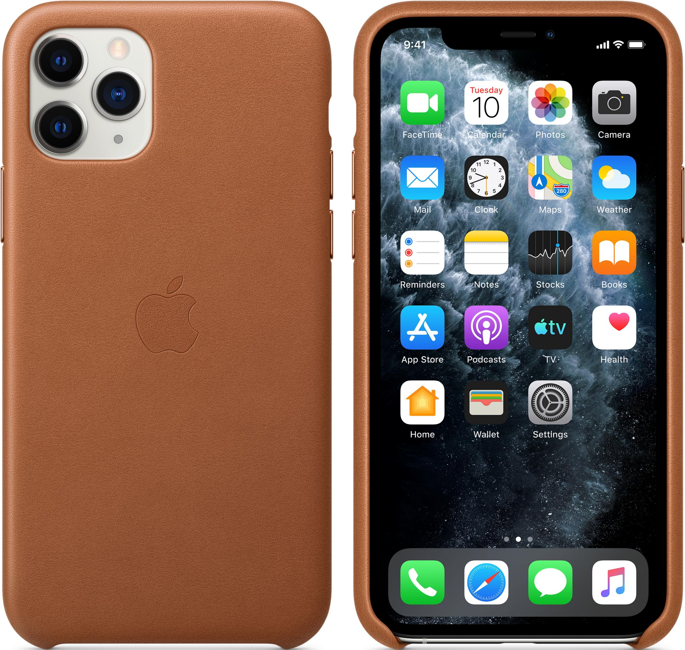 A brown leather iPhone case sits next to an iPhone displaying its lock screen.