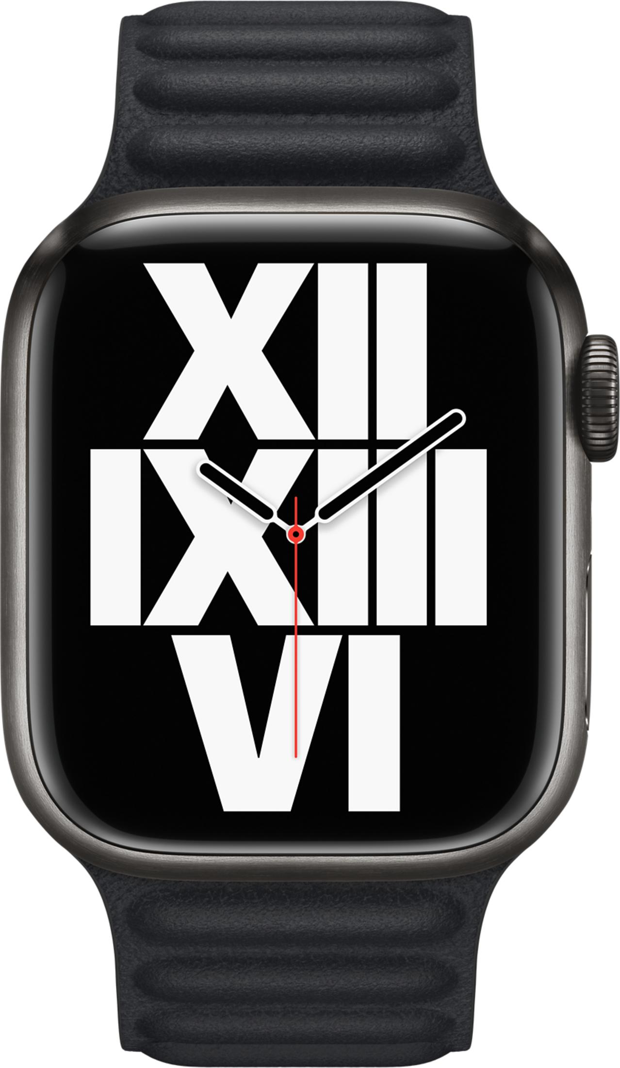 Eine graue Smartwatch mit einem schwarzen Zifferblatt und weißen römischen Ziffern.