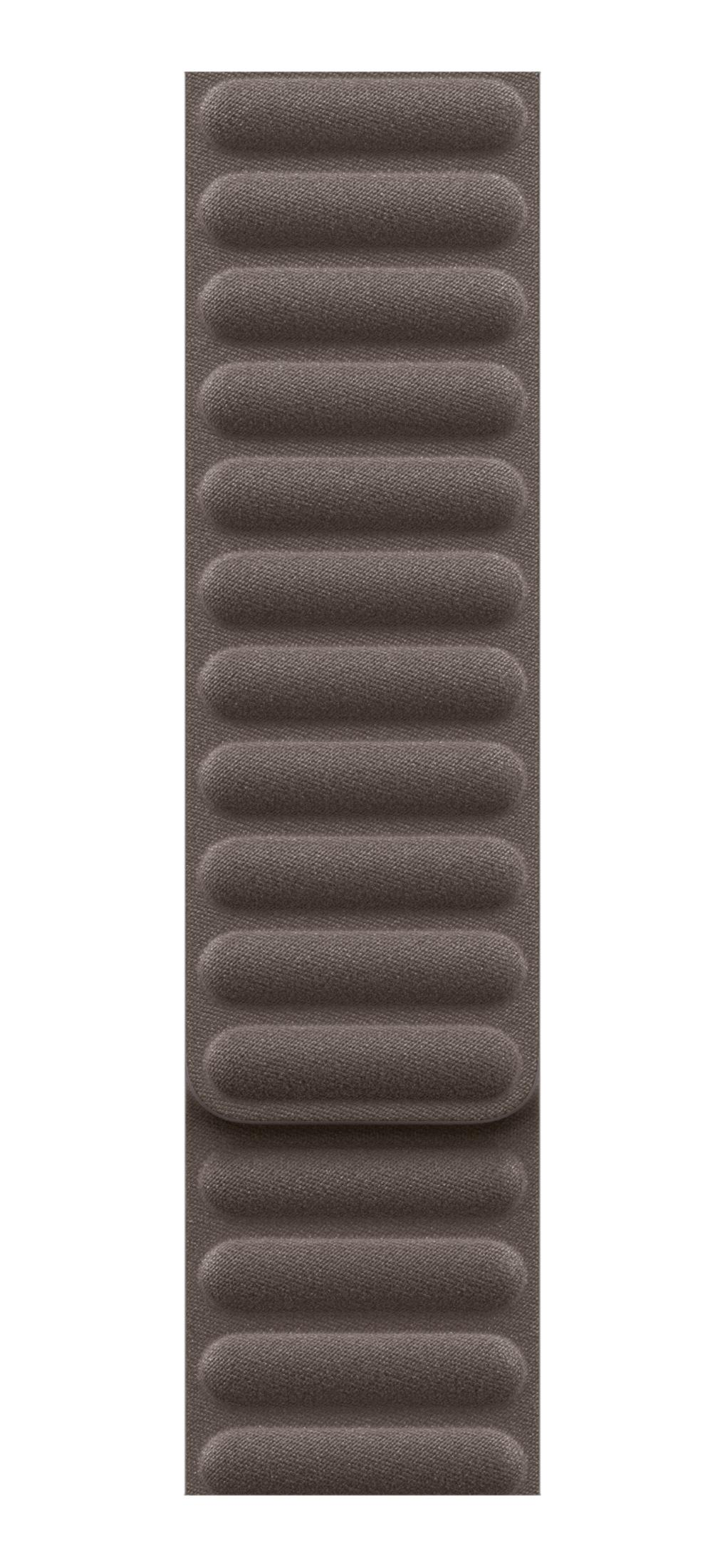 Brązowa opaska na zegarek z poziomym prążkowaniem.