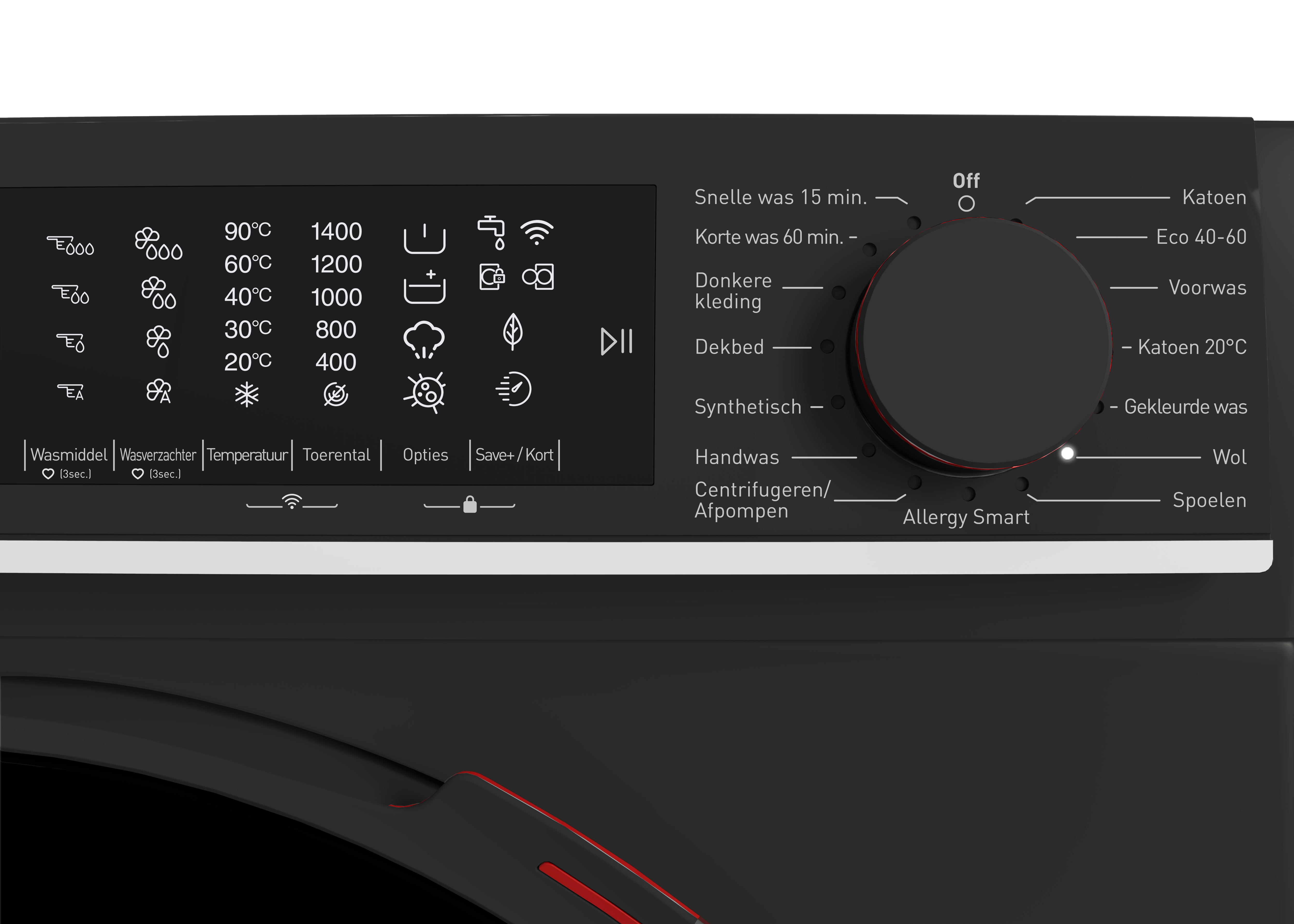 Washing machine control panel with program selection and setting options.