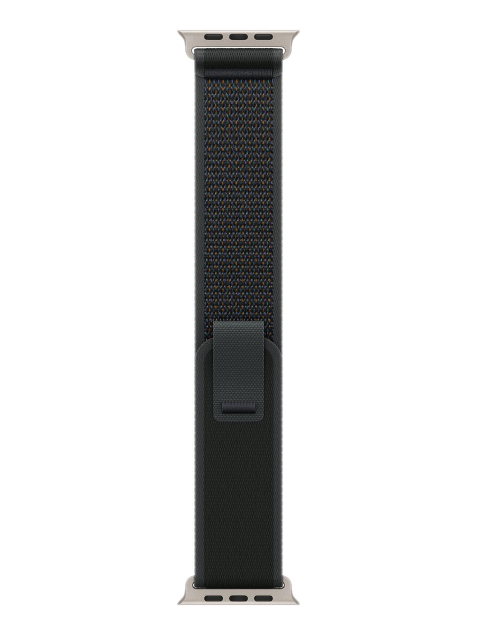 Ciemna opaska Apple Watch ze srebrnymi złączami i tkanym wzorem.