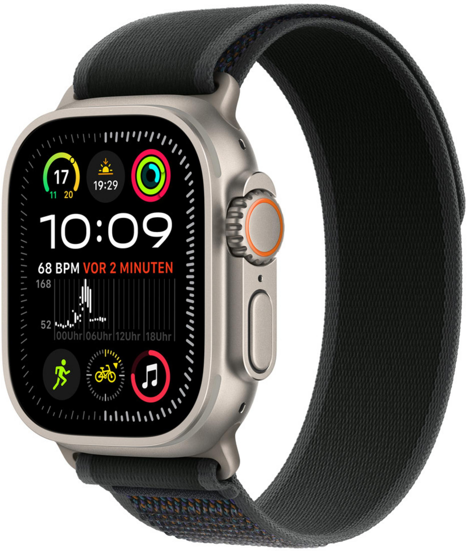 Srebrny smartwatch z czarnym paskiem materiałowym pokazuje 10:09.