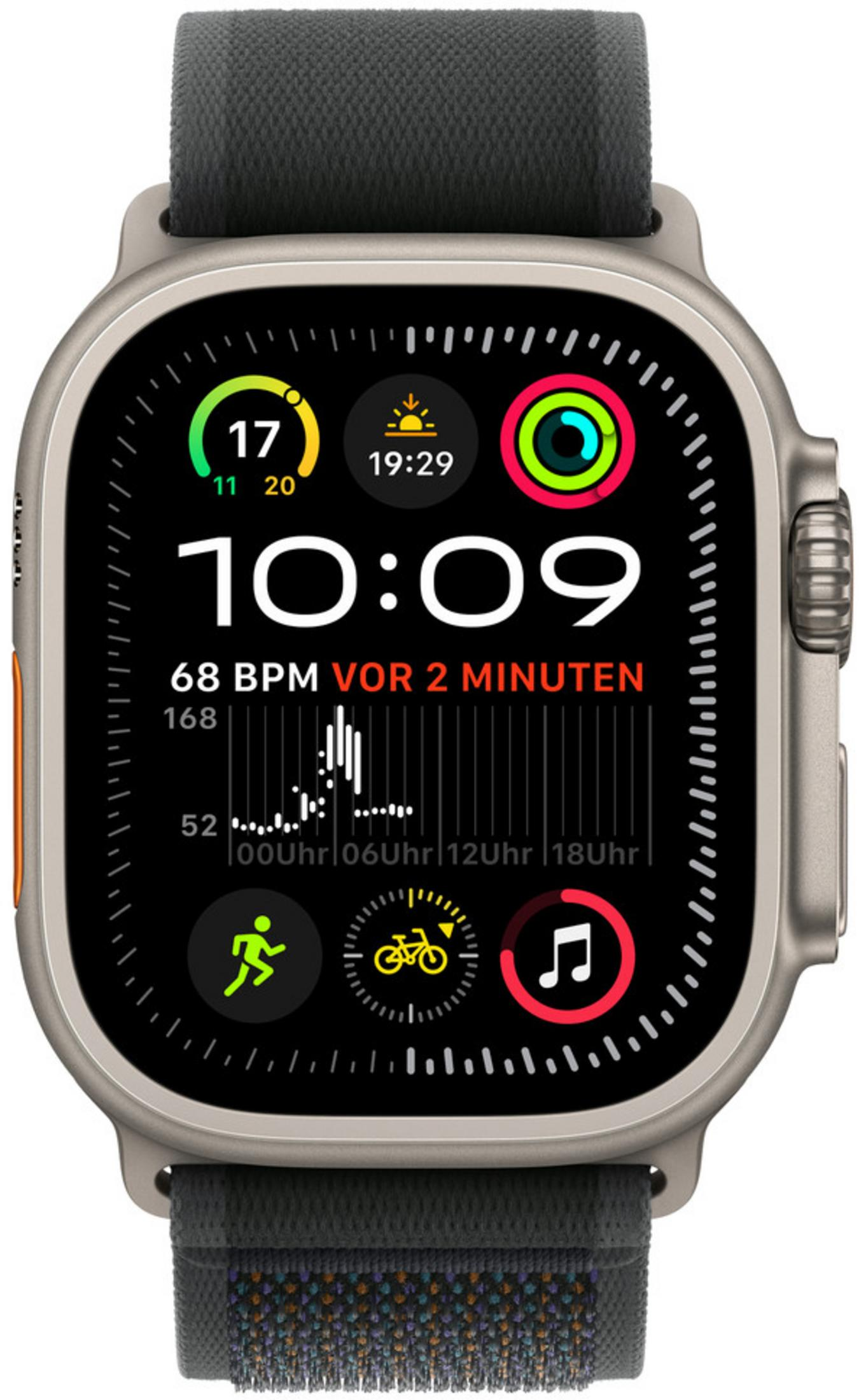 Zegarek smartwatch z szarym paskiem pokazuje 10:09, 68 BPM i ikony aktywności.